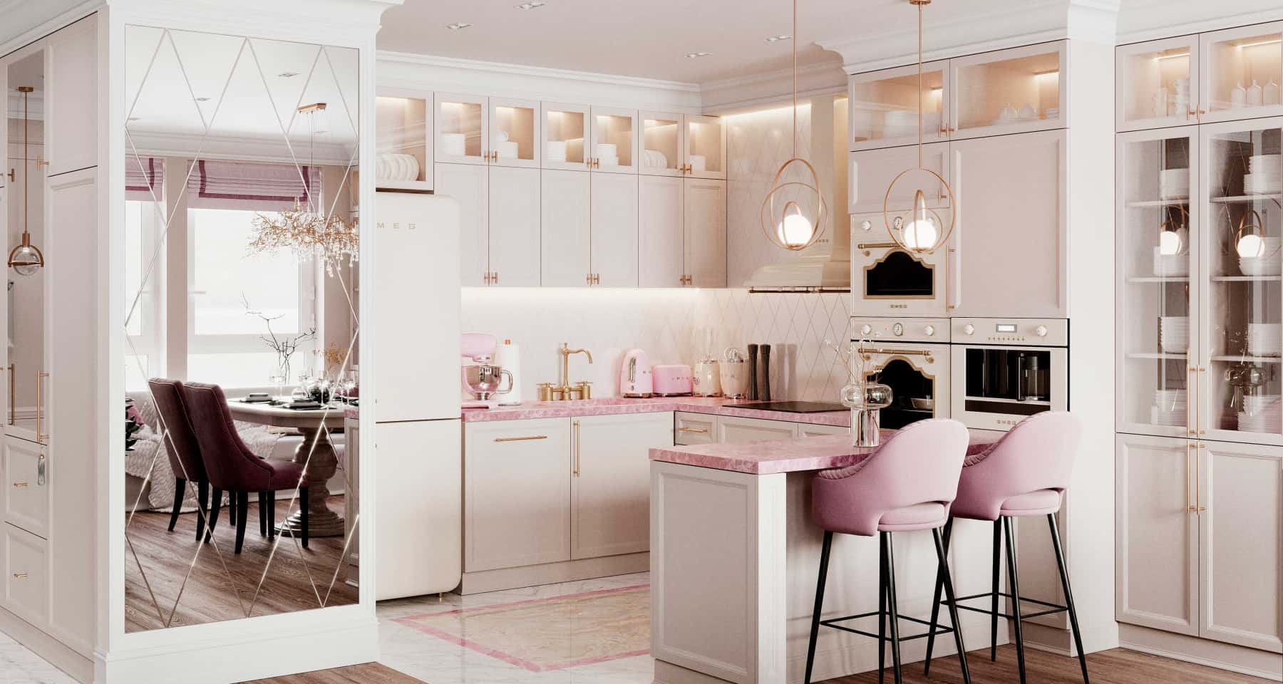 Сучасний дизайн двокімнатної квартири 65 м²: кухня-вітальня з барною стійкою.