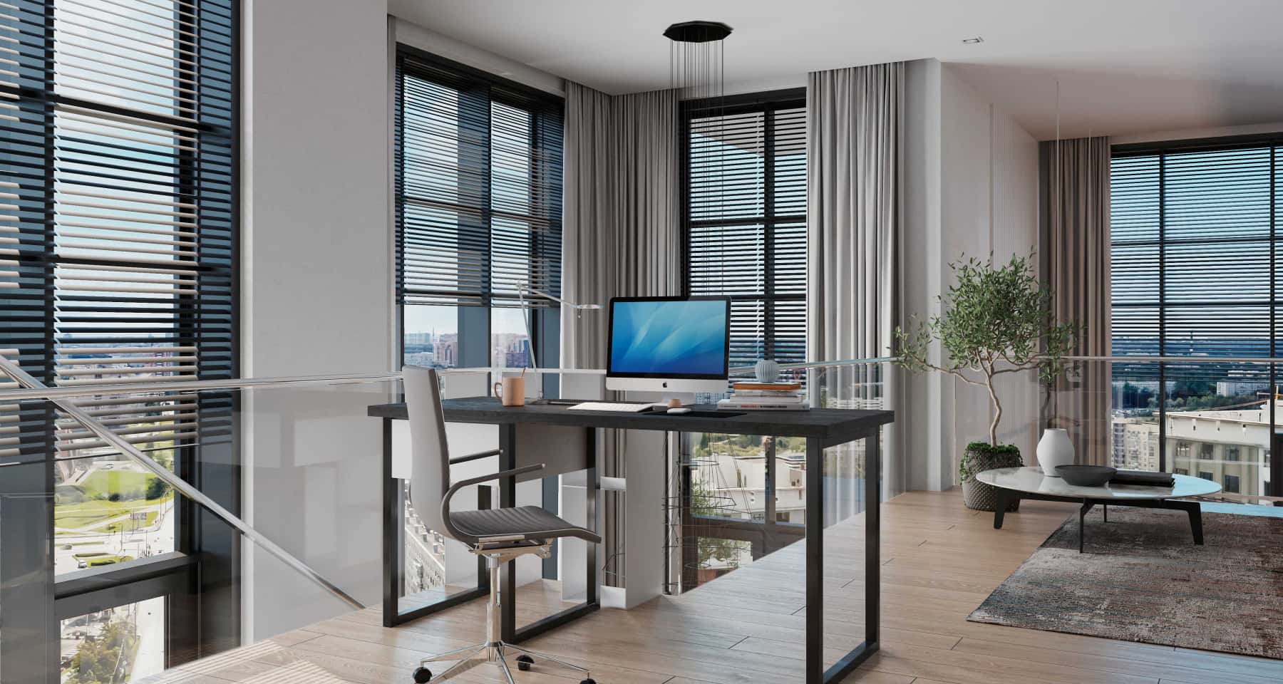 Природний кабінет вдома Сучасний дизайн кабінету в квартирі з використанням природних матеріалів та освітлення.