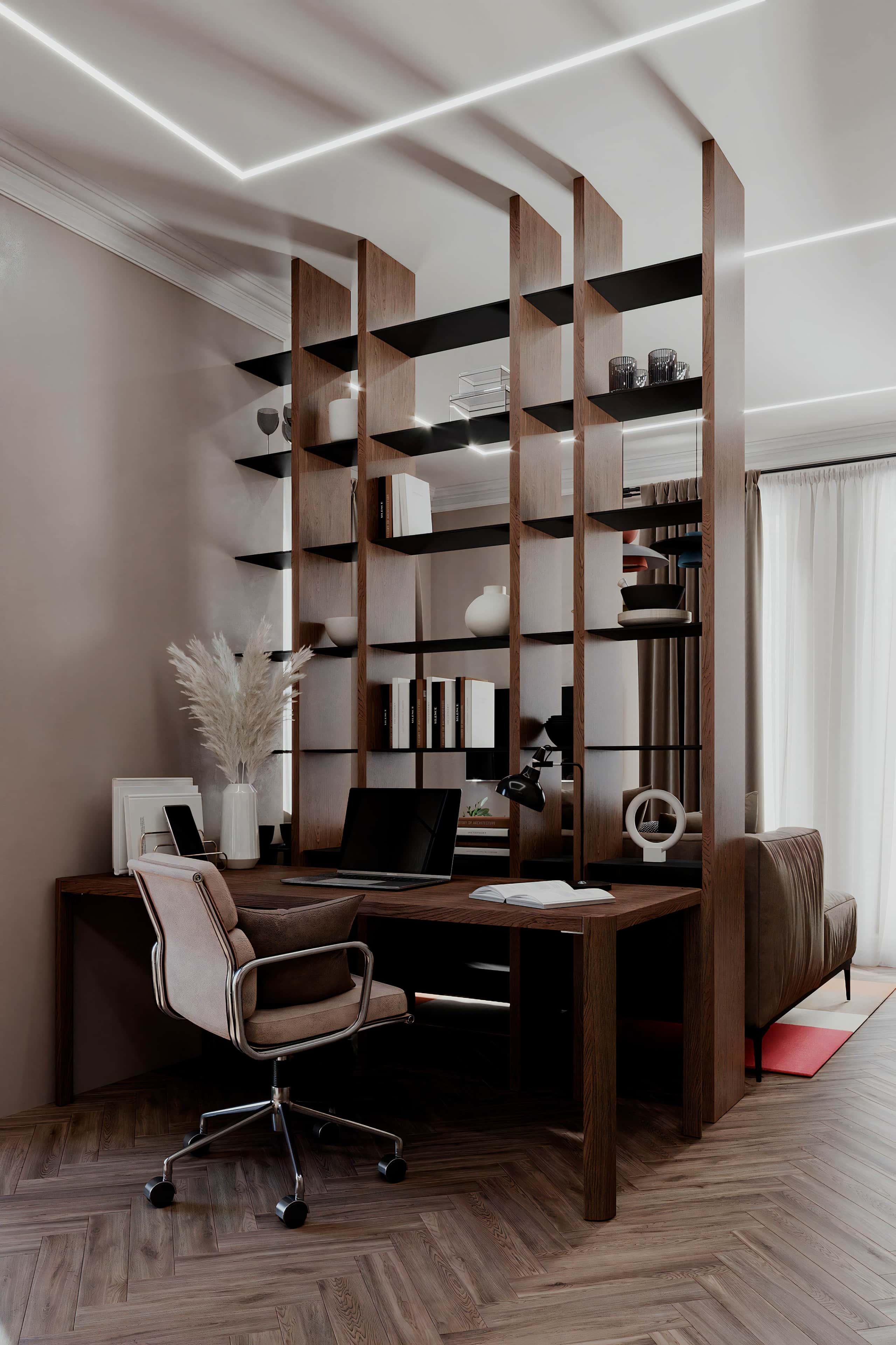 Матеріали для кабінету Інтер'єр кабінету: поєднання дерева, металу та текстилю для створення унікального стилю.