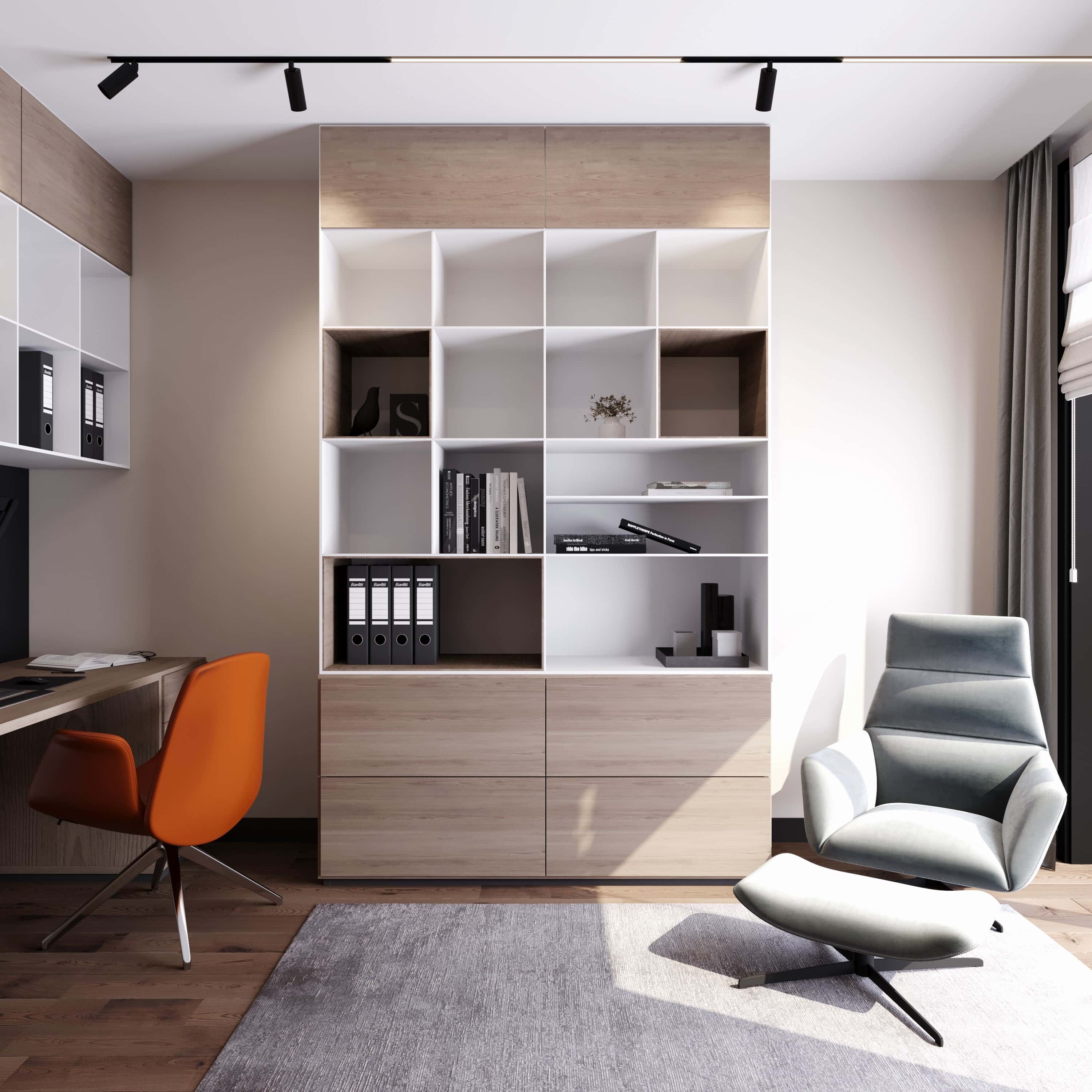 Вабі-сабі кабінет Стильний дизайн кабінету в квартирі з елементами вабі-сабі.