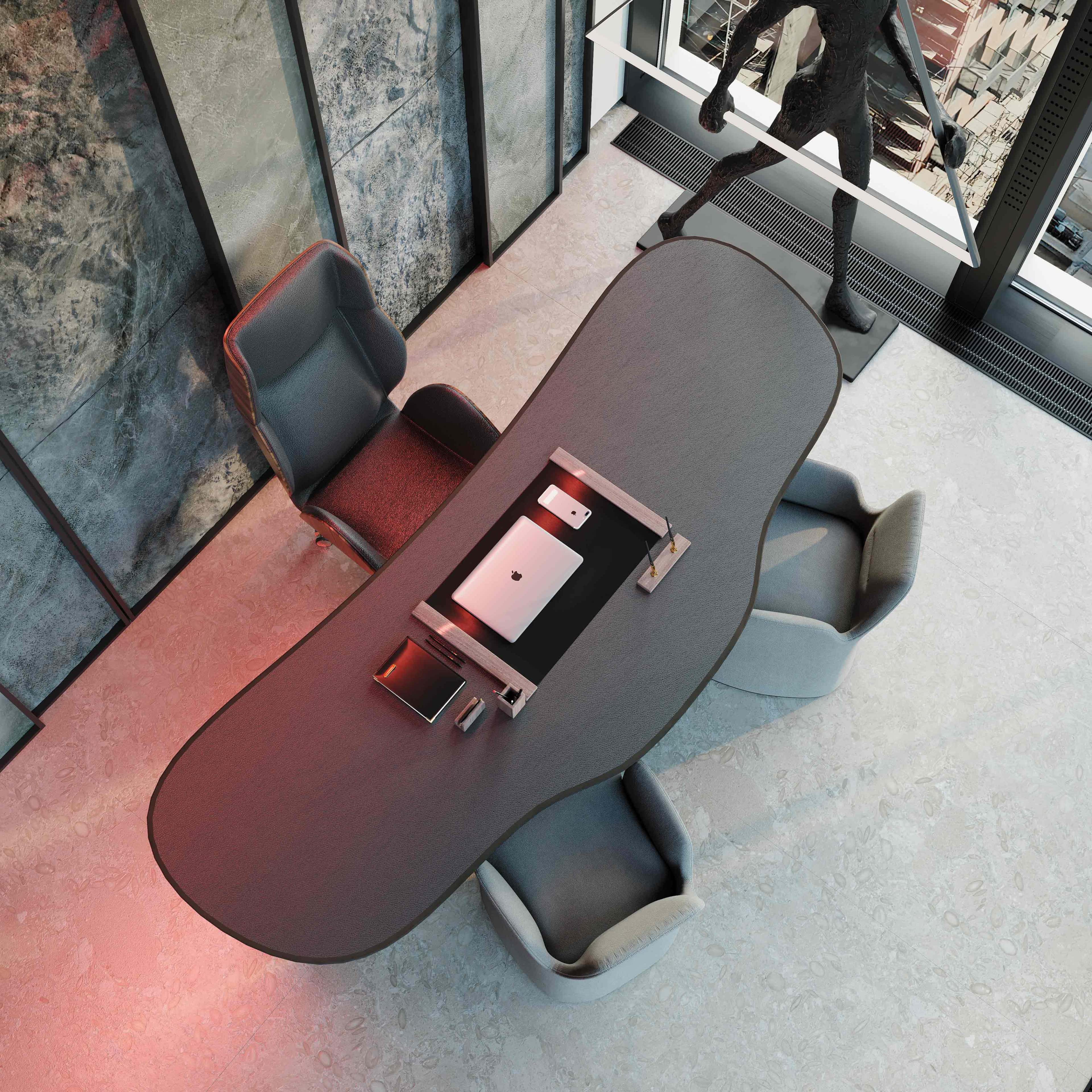 Елегантний кабінет: дерево та комфорт Елегантний дизайн домашнього кабінету з темним дерев'яним столом і зручним кріслом.