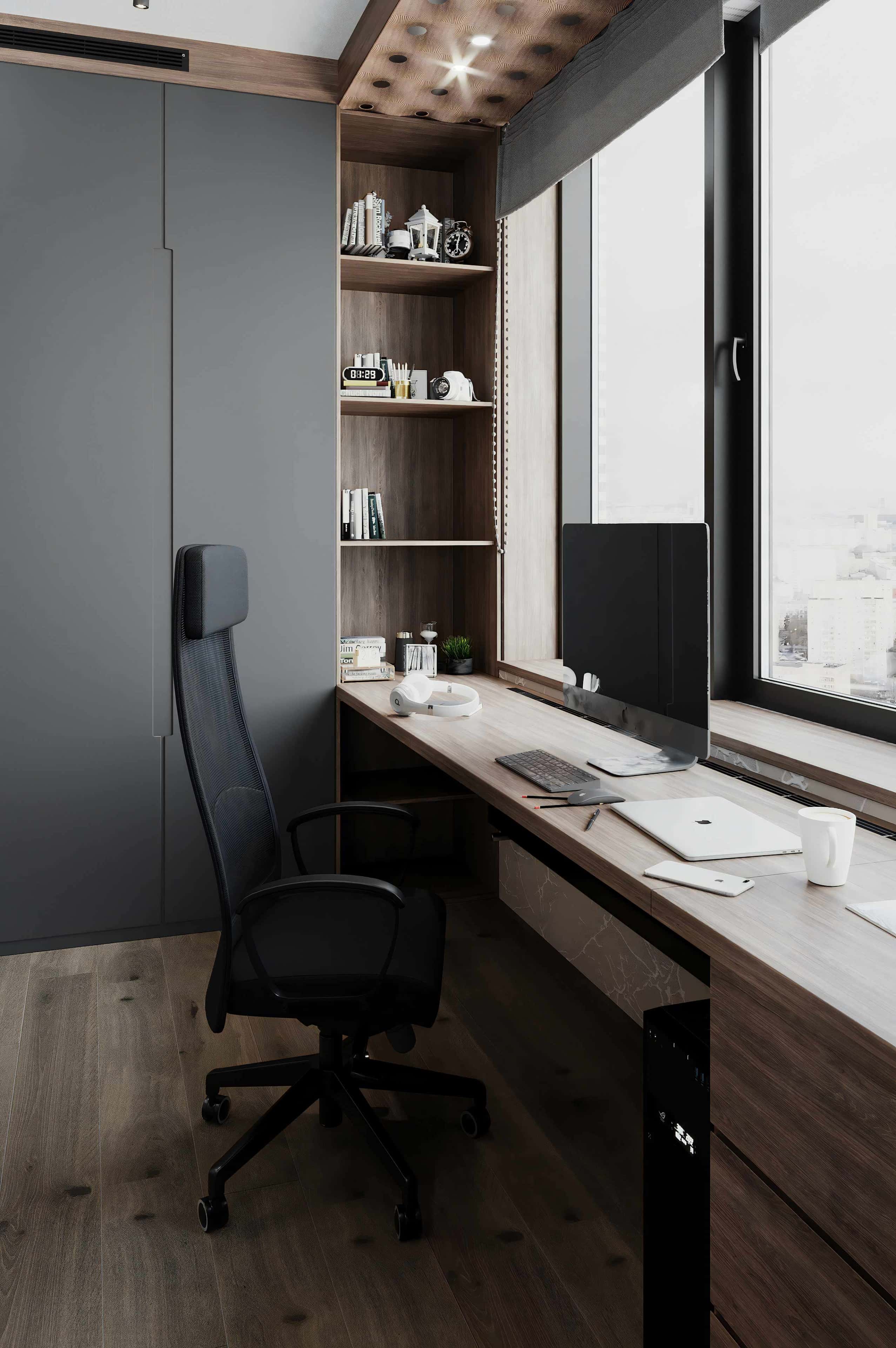 Темна елегантність Елегантний дизайн домашнього кабінету з використанням темних відтінків.