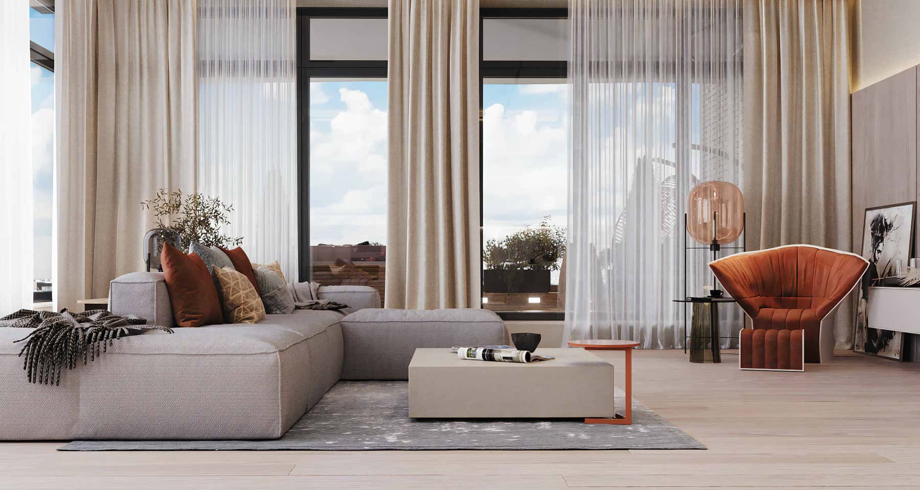 Бежевий: природа в домі Елегантний дизайн квартири в бежевих тонах з рослинами.