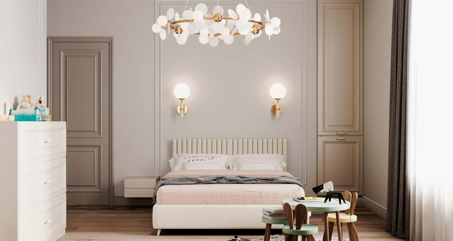 Природне світло Світлий дизайн квартири в бежевих тонах з великими вікнами та природним освітленням.