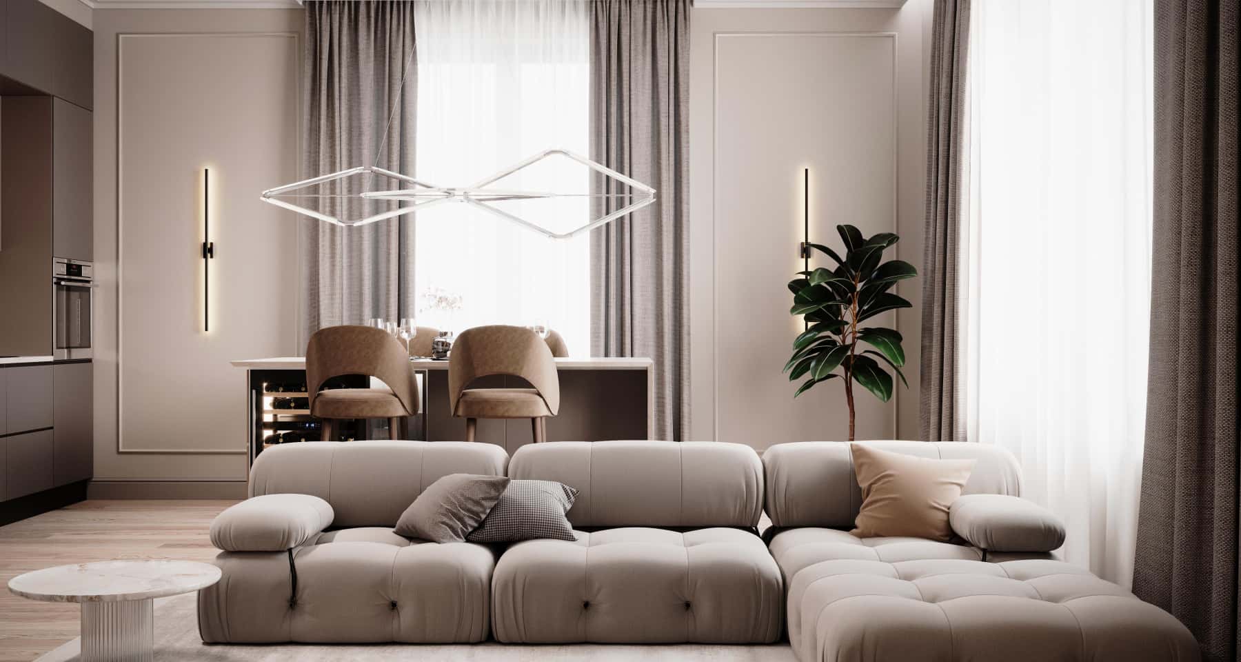 М'яке світло Дизайн квартири 2026 в бежевих тонах з використанням м'якого освітлення.