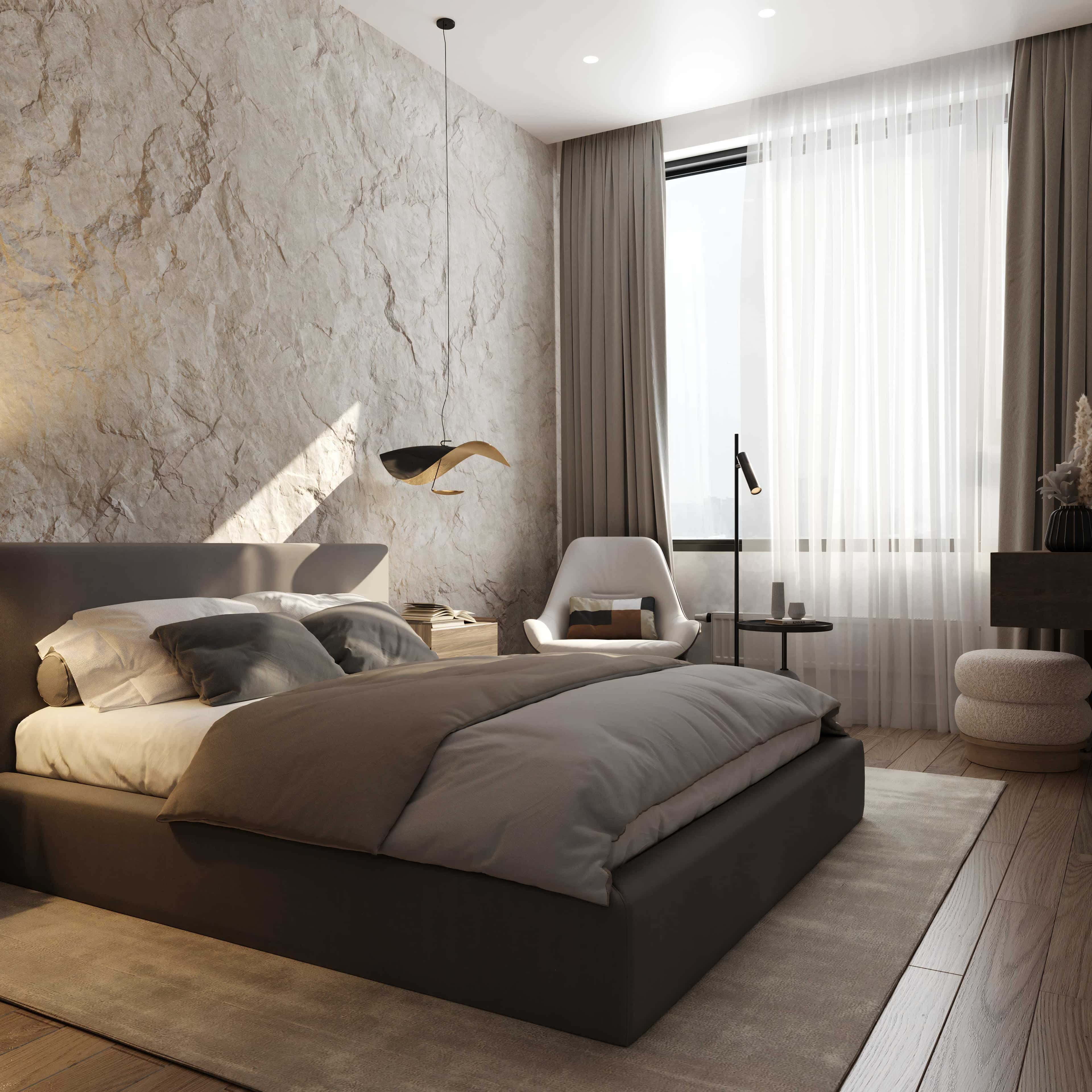 Бежева кухня Світла кухня в бежевих тонах з використанням кам'яної стільниці та дерев'яних шаф.