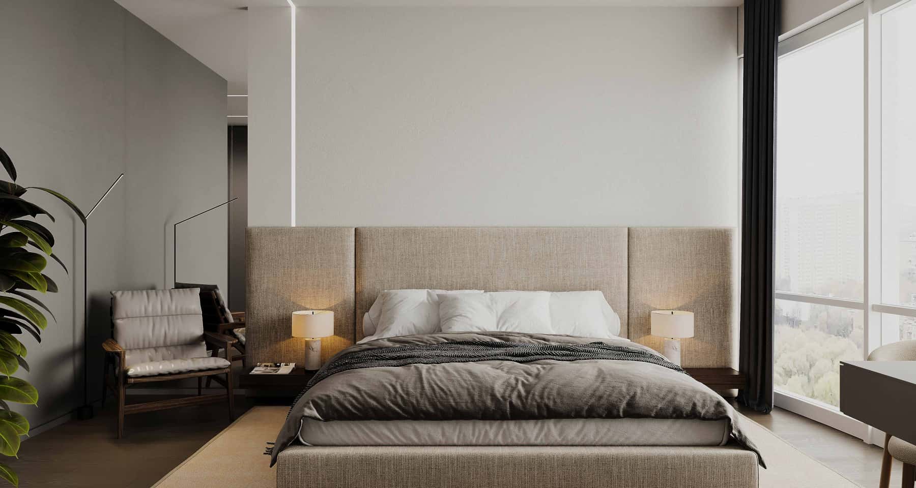 Світла спальня 2026 Дизайн квартири 2026: спальня в світлих тонах з акцентним текстилем та декоративними елементами.