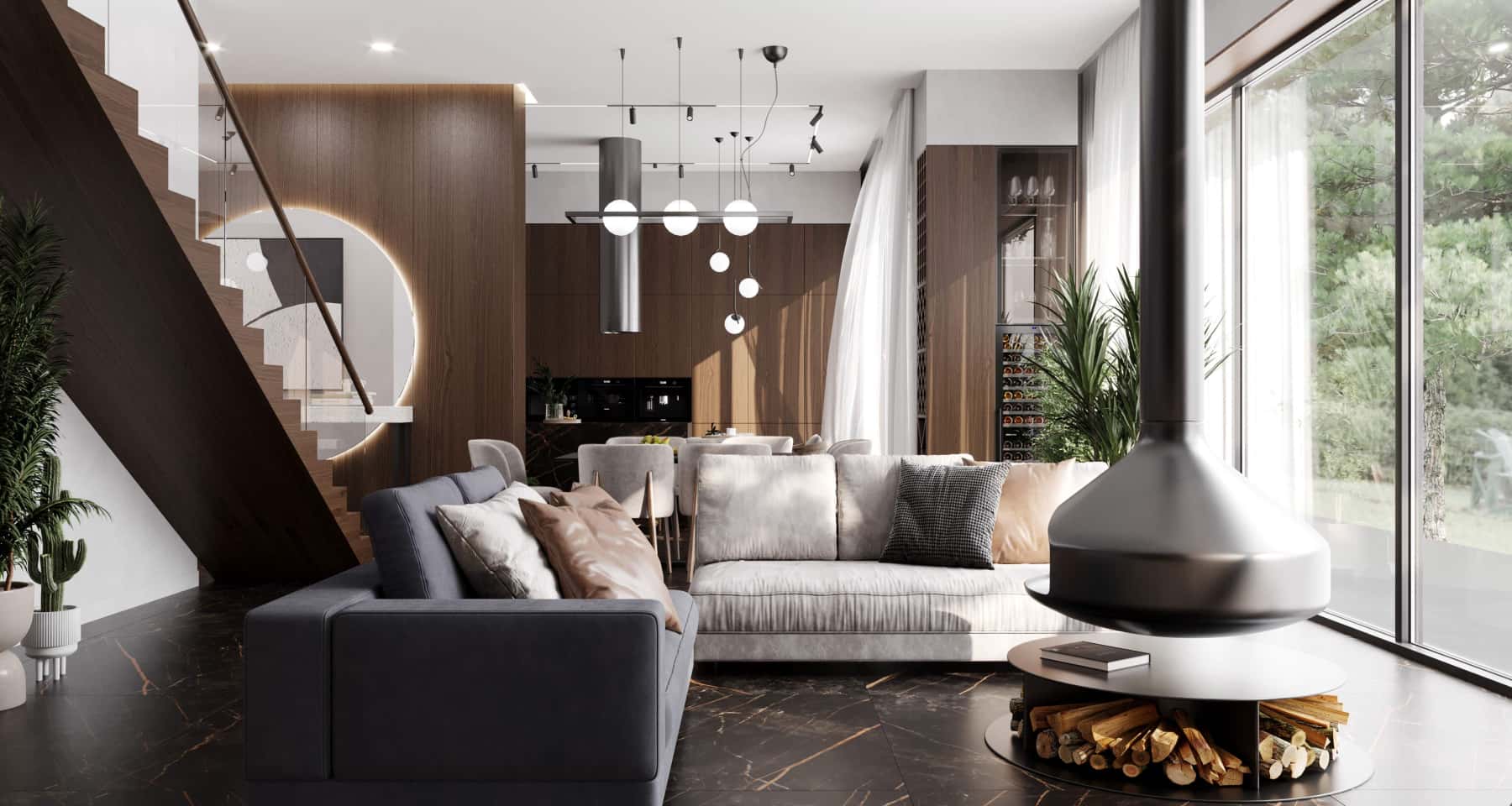 Темна стеля з гіпсокартону Сучасна стеля з гіпсокартону з використанням темних кольорів та контрастного освітлення