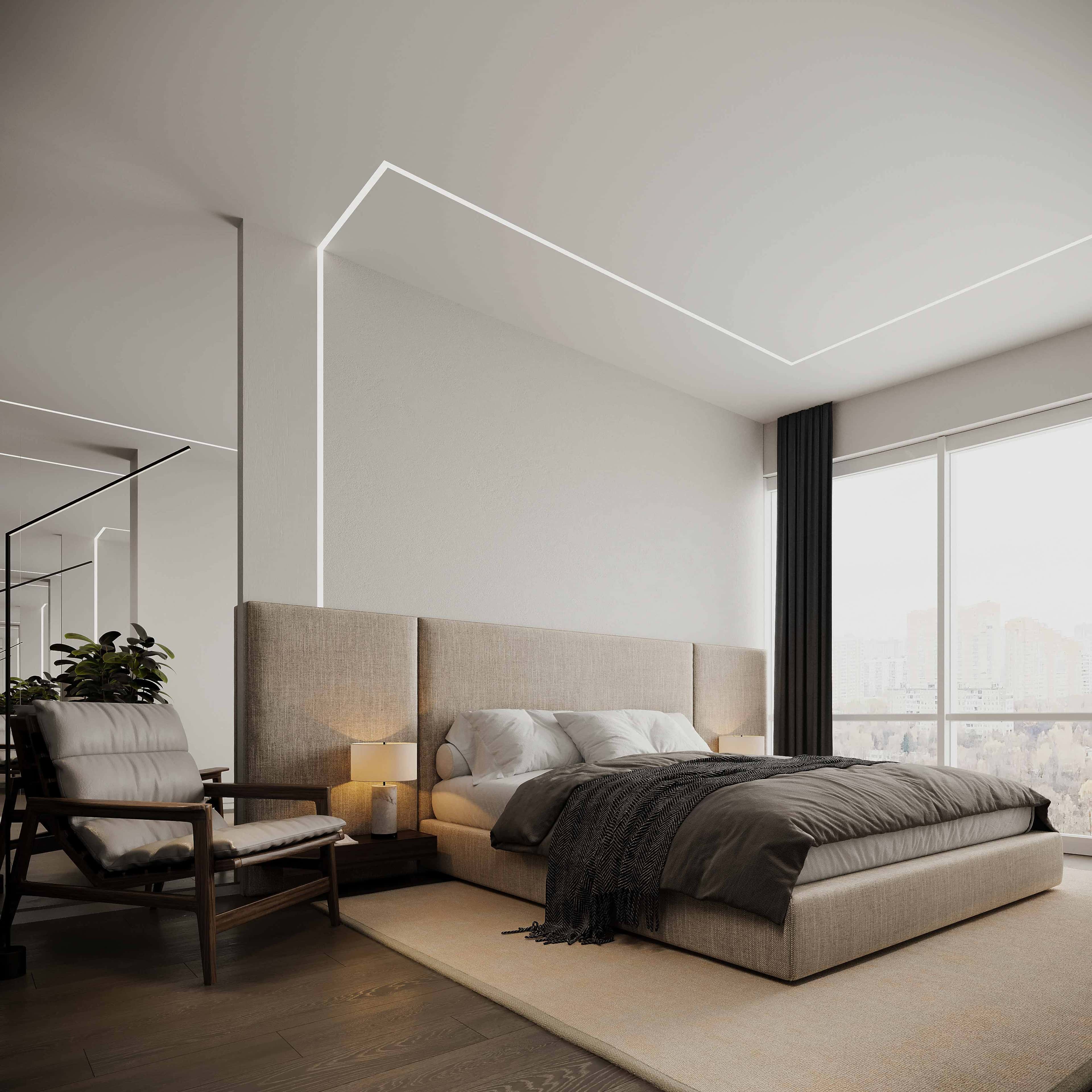 Плавні лінії стелі Приклад сучасної стелі з гіпсокартону з плавними лініями та освітленням.