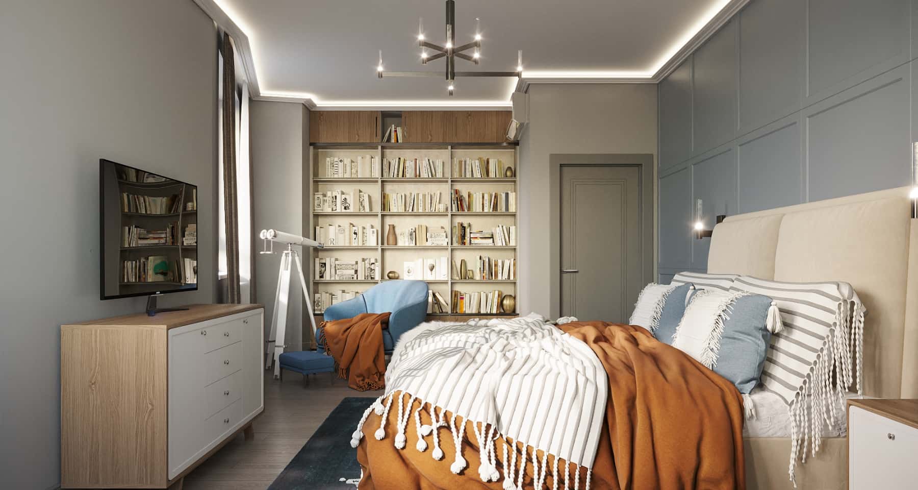 Сучасний кабінет Дизайн інтер'єру квартири 2026: сучасний кабінет з мінімалістичним столом та книжковими полицями