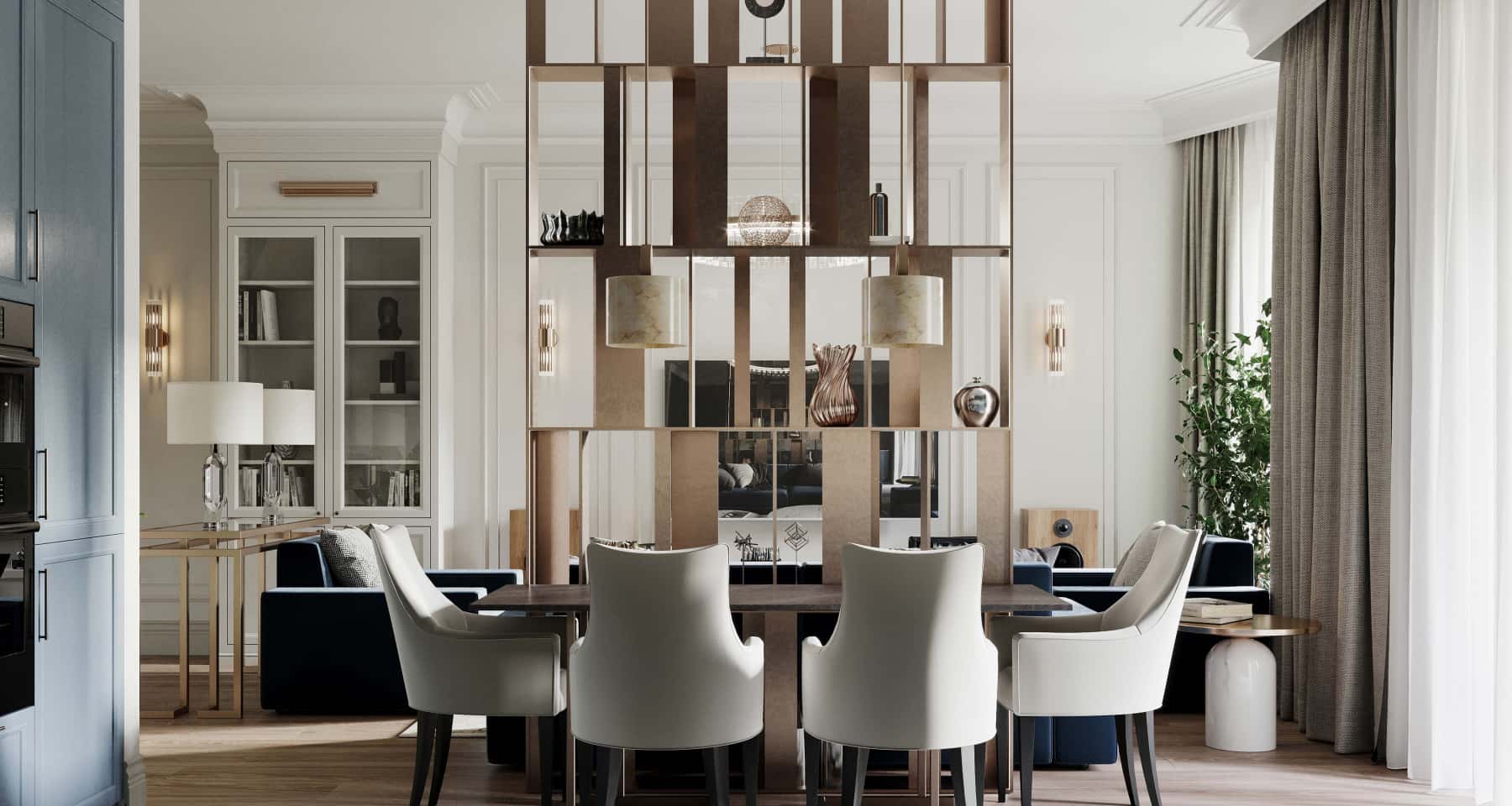 Неокласична вітальня Неокласичний дизайн квартири 2026: вітальня з каміном та елегантними меблями