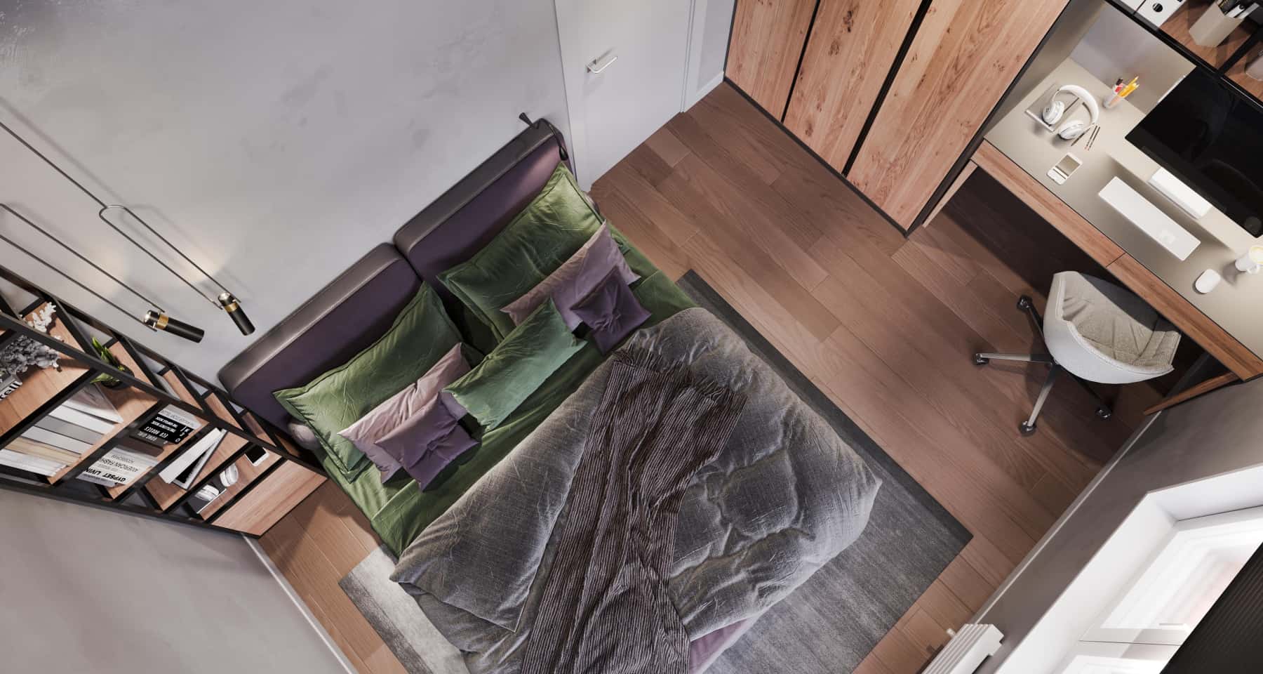 Мінімалізм: Вид на місто Інтер'єр квартири 2026: вітальня в стилі мінімалізм з великими вікнами та видом на місто.