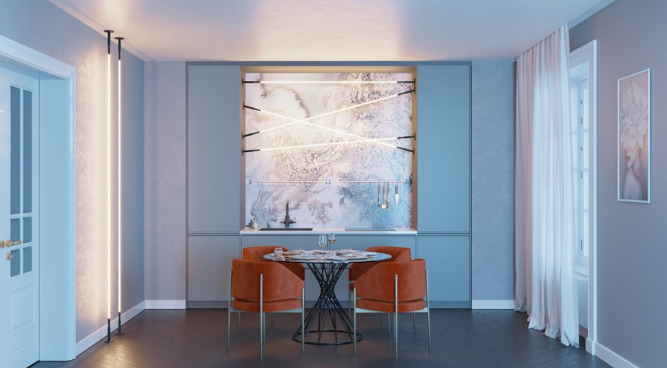 Контурна підсвітка кухні LED Світлодіодна стрічка створює контурне підсвічування на кухні, підкреслюючи сучасний дизайн.