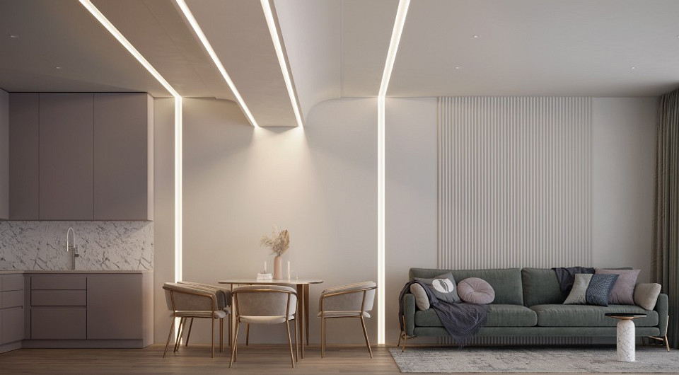 Кухня зі світлодіодною стрічкою Сучасна кухня з підсвіткою світлодіодною стрічкою під шафами для освітлення робочої зони.