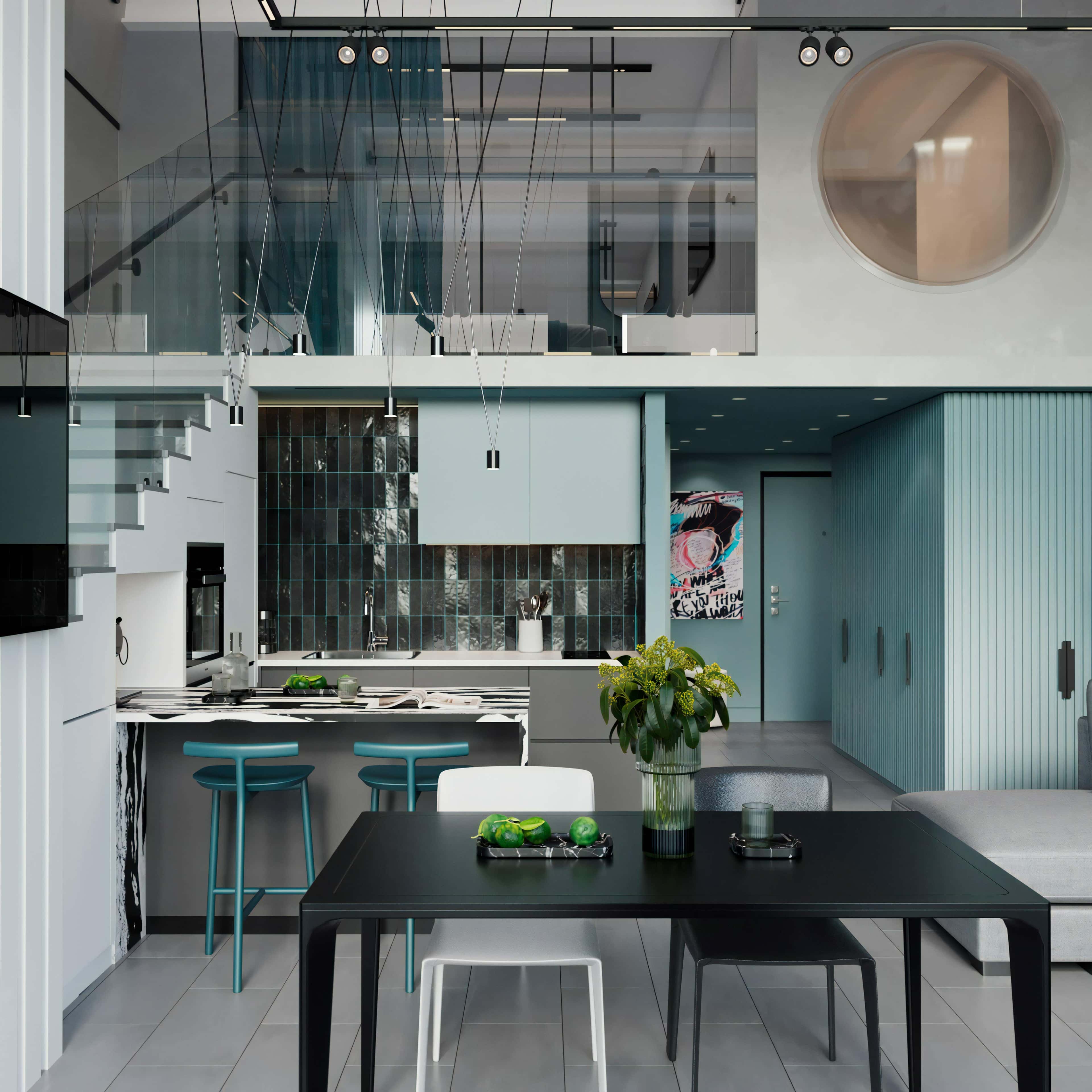 Сучасний інтер'єр з антресоллю Світлий інтер'єр трикімнатної квартири з антресоллю, сучасні меблі 2026.