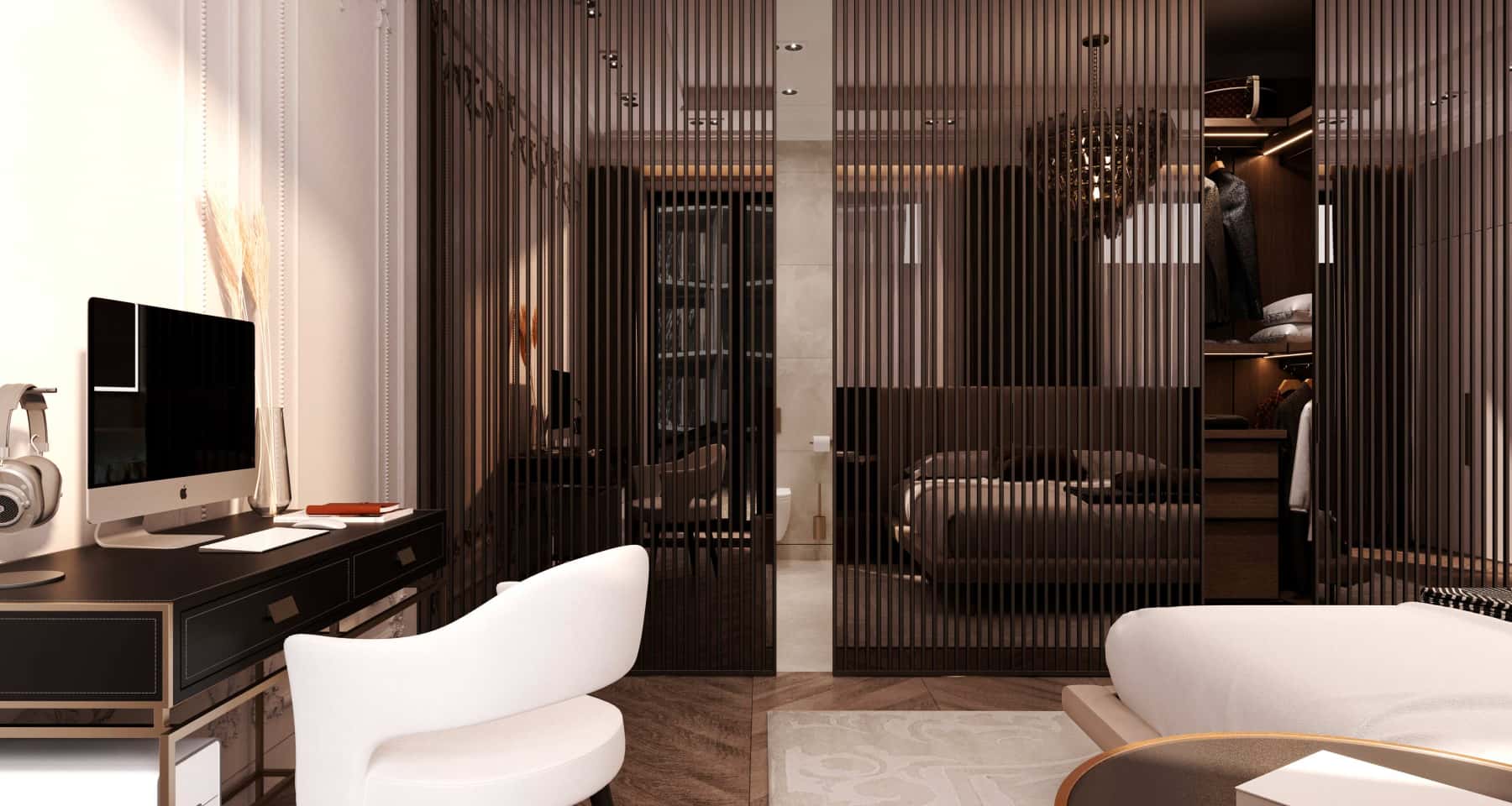 Простір з антресоллю Сучасний дизайн трикімнатної квартири з антресоллю та високими стелями, що створює відчуття простору.