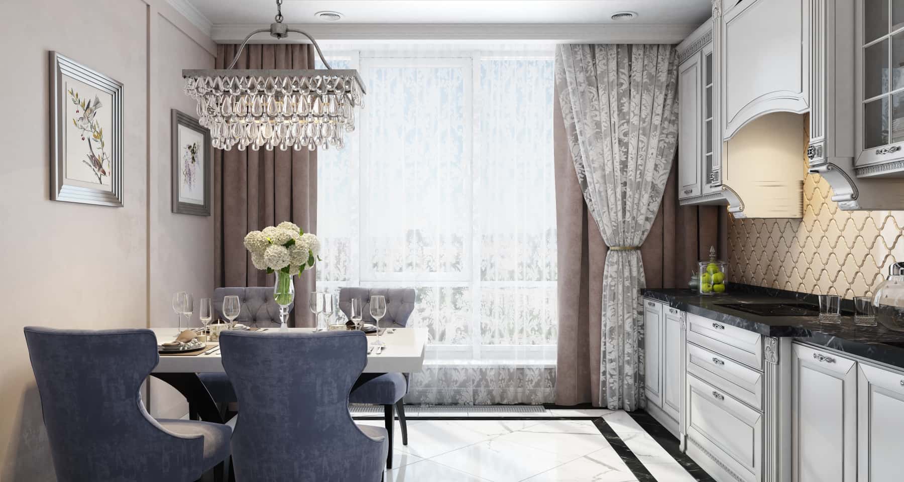 Комбіноване світло: кухня Велика кухня-вітальня з комбінованим освітленням: люстра, точкові світильники та підсвічування