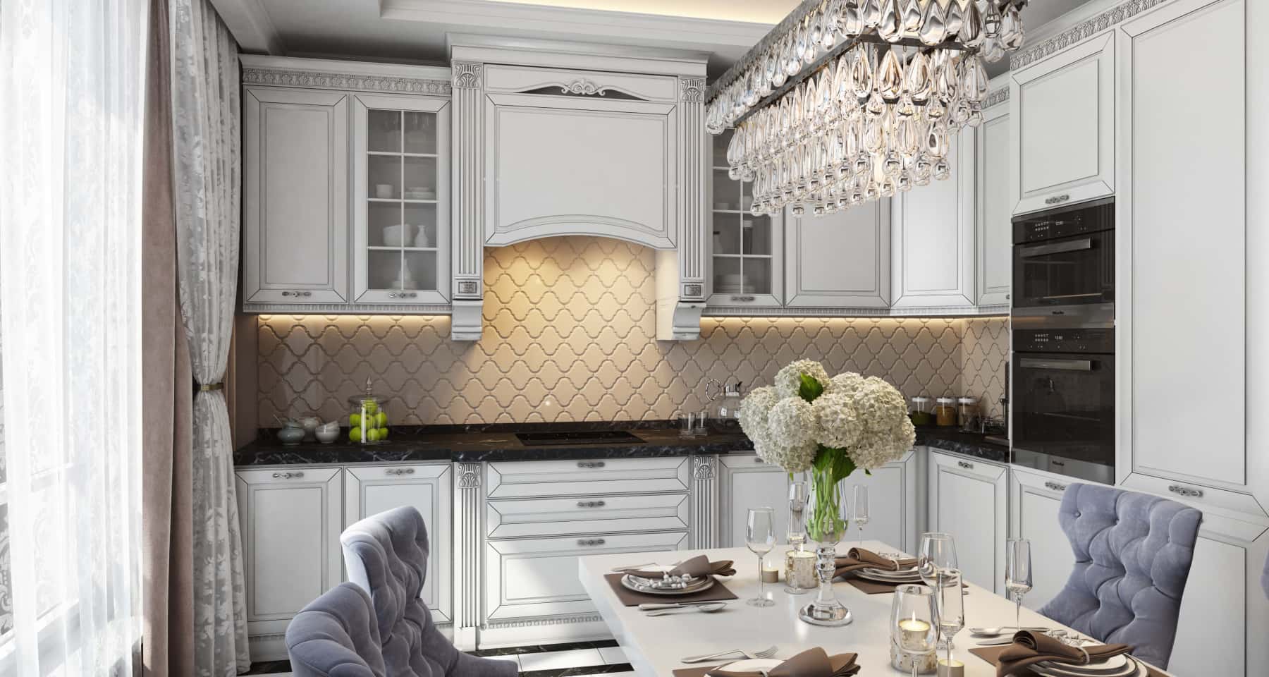 Акцентне освітлення кухні Сучасна кухня з акцентним освітленням, що виділяє текстуру стін та кухонних меблів