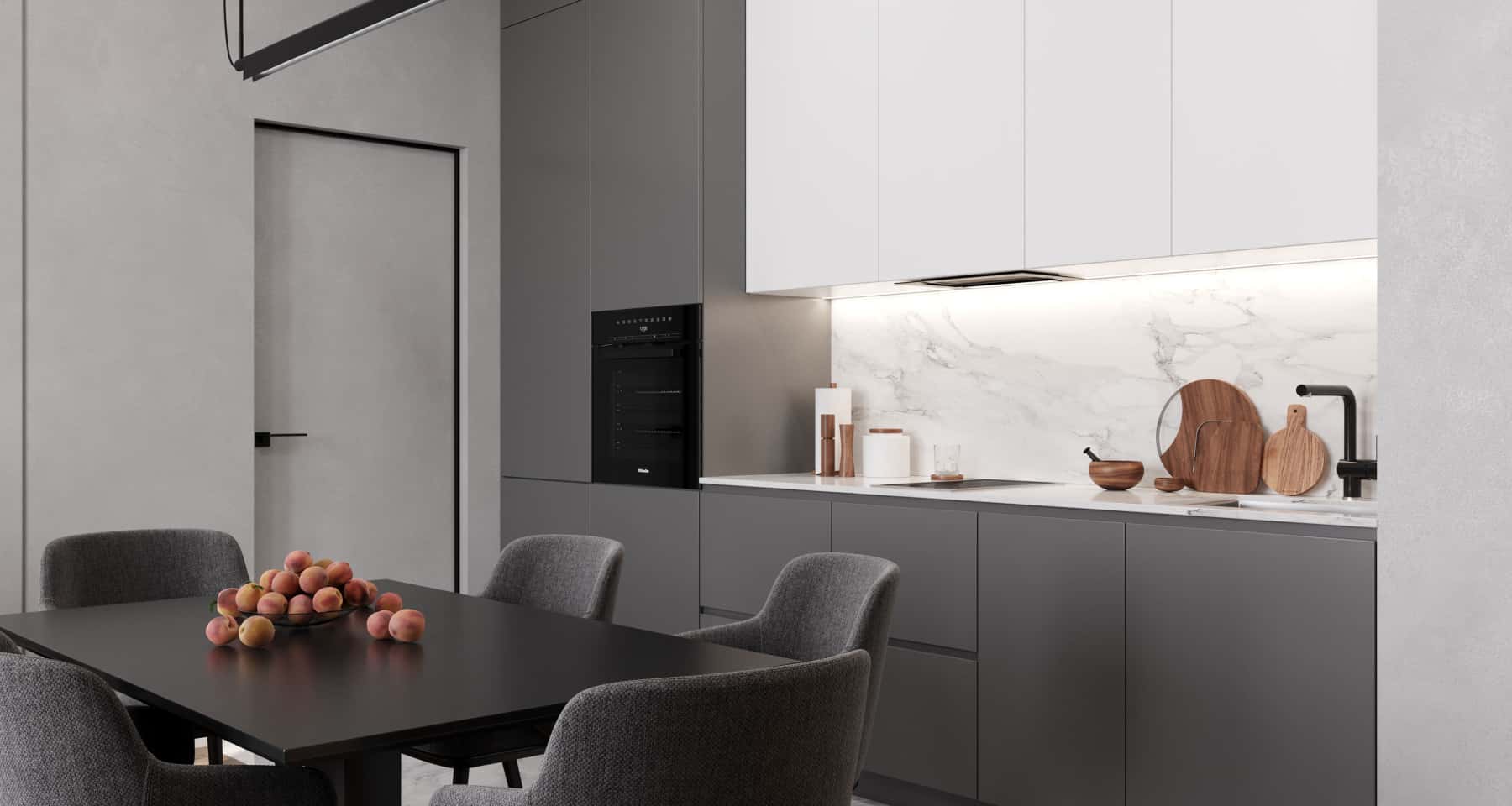 Трекове освітлення кухні Елегантна кухня з трековою системою освітлення, що забезпечує гнучке налаштування світла