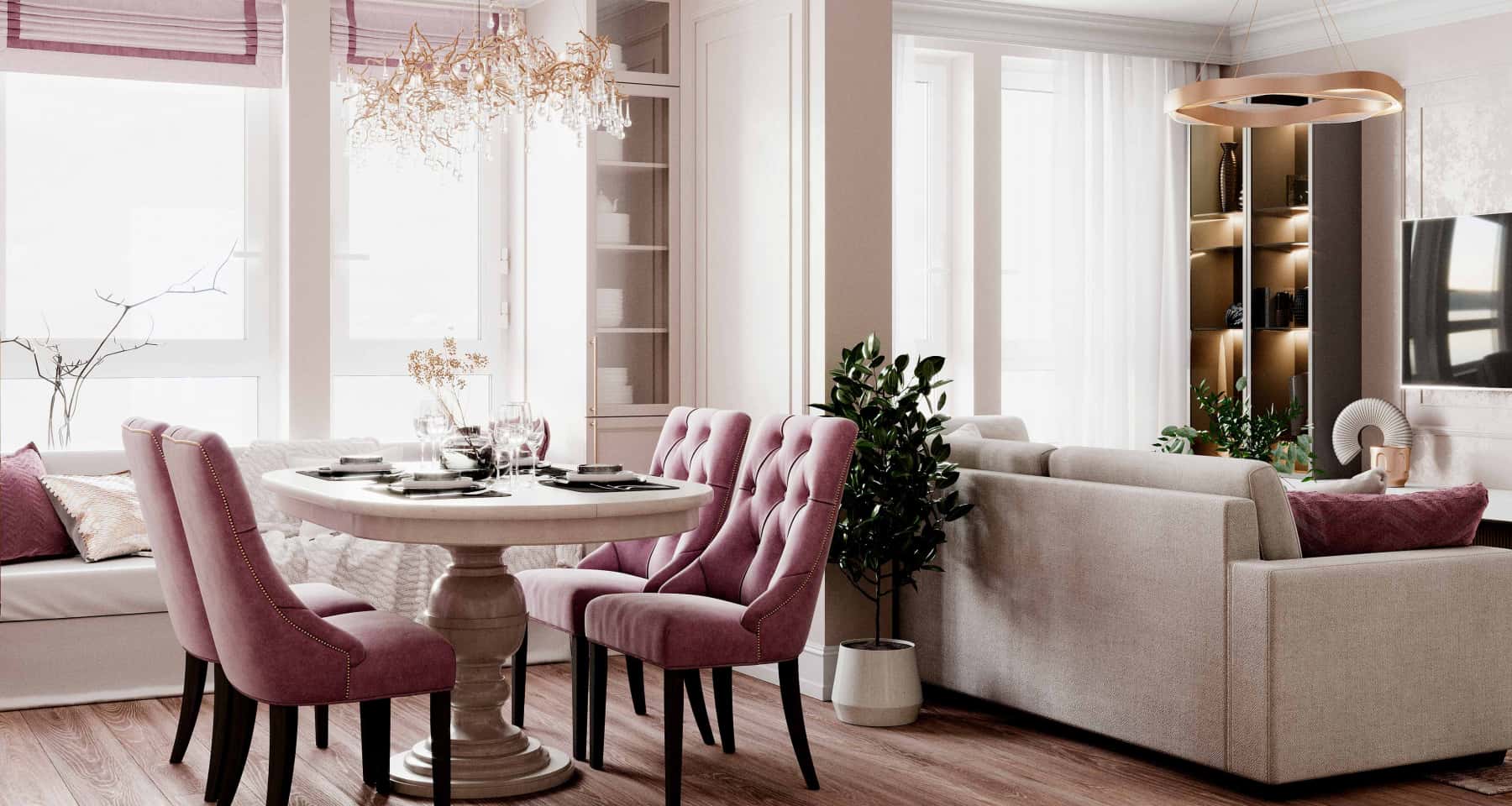 Затишок світлої вітальні Дизайн квартири 2026: світла вітальня з великим диваном та килимом.