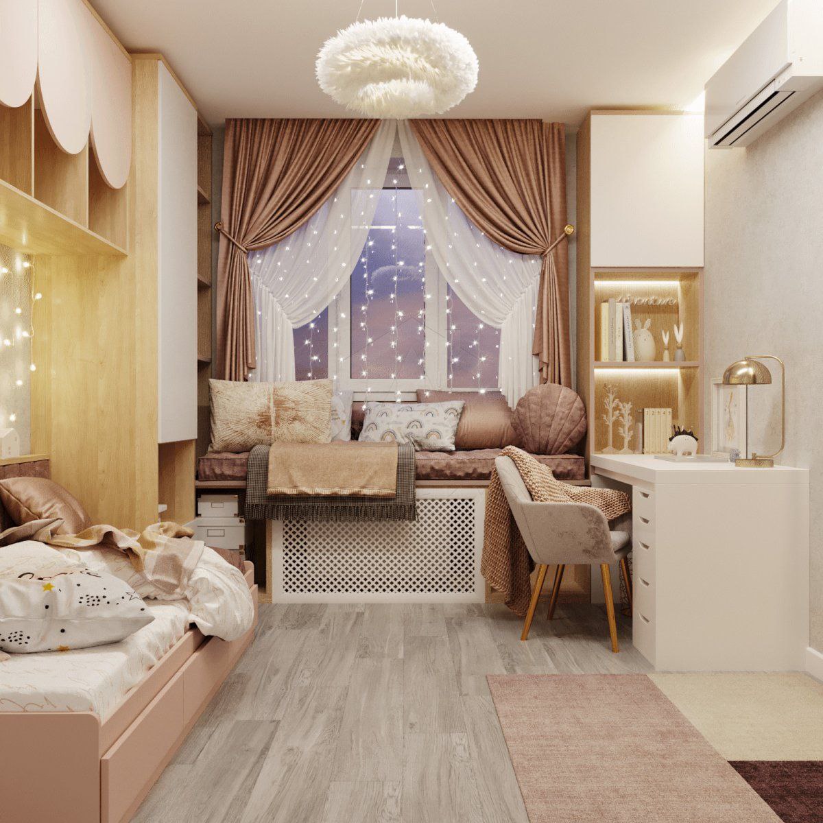 Стильна дитяча Затишна дитяча кімната для дівчинки з м'якими кольорами та стильними елементами