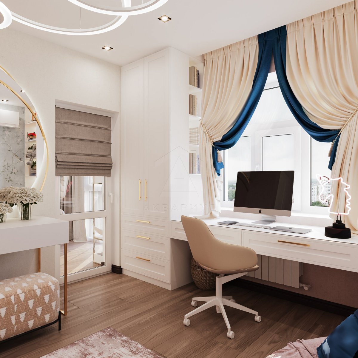 Кімната для дівчинки Затишна дитяча кімната для дівчинки з м'якими кольорами та вишуканими деталями інтер'єру.