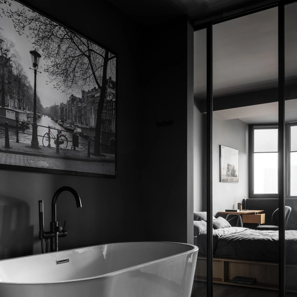 Сучасний арт-декор ванної Сучасний дизайн ванної кімнати з акцентом на арт-декор та елементи спа-центру.