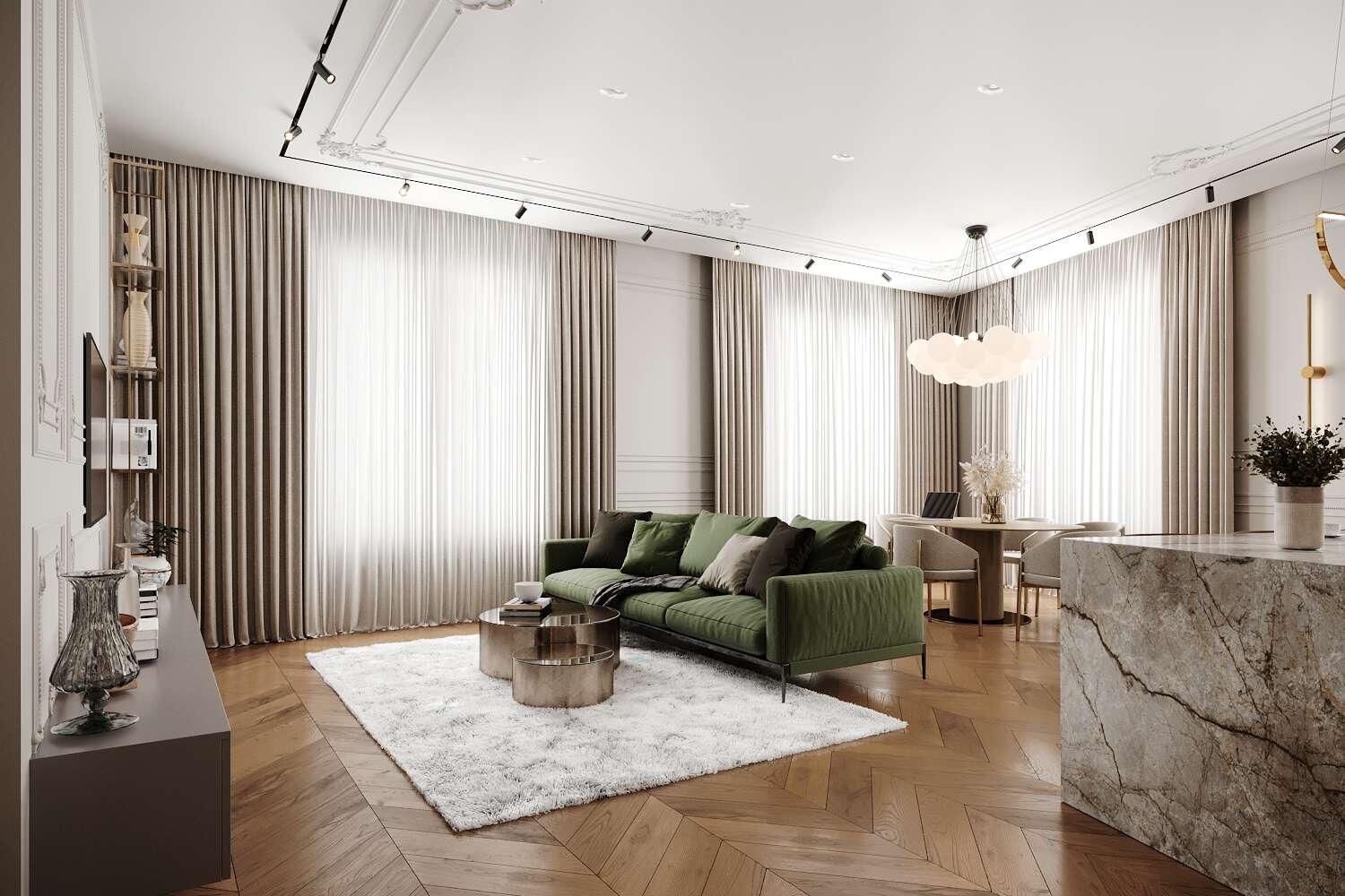 Сучасна класика в інтер'єрі Інтер'єр 3-кімнатної квартири в стилі сучасної класики з елементами арт-деко.