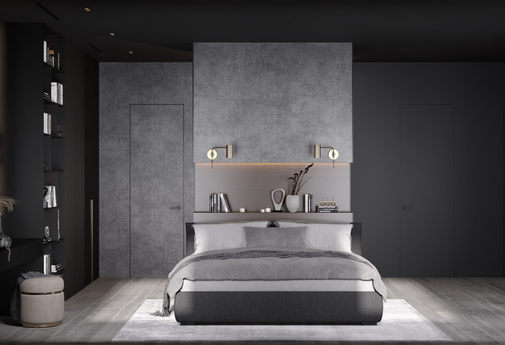 Темна елегантність вітальні Темний інтер'єр 2026: елегантна вітальня з темними стінами та лофт елементами.