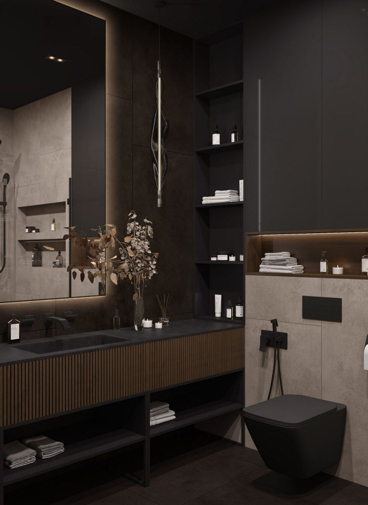 Темний інтер'єр вітальні Елегантний темний інтер'єр вітальні з акцентними меблями та темними стінами