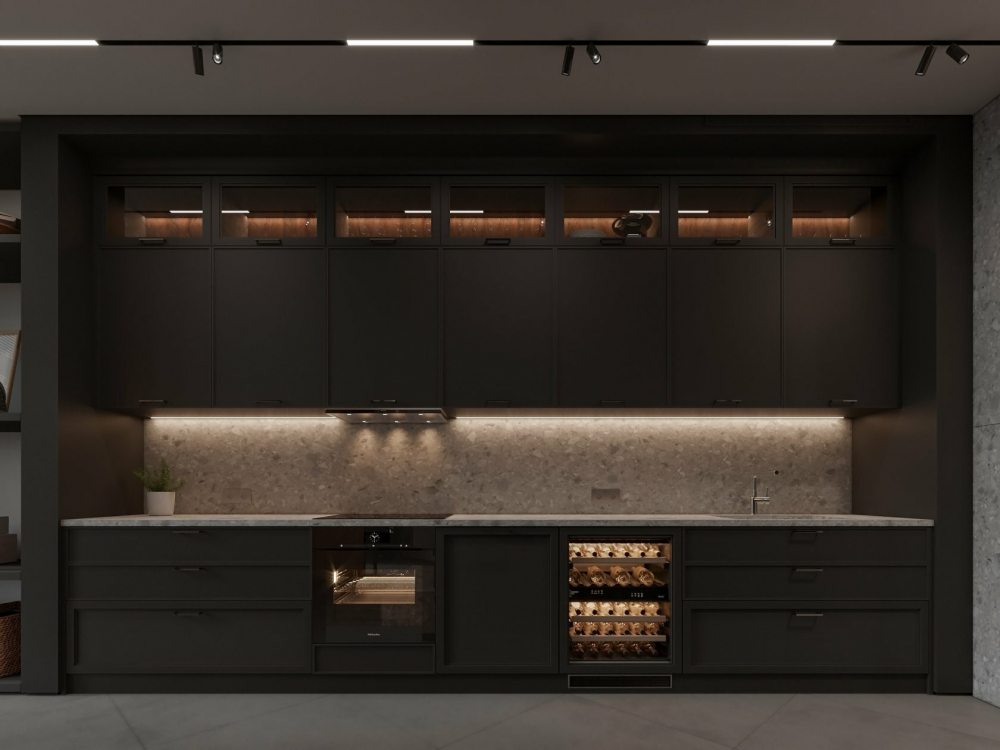 Мінімалізм: темна кухня Темна кухня з дерев'яними фасадами та сучасною технікою в стилі мінімалізм