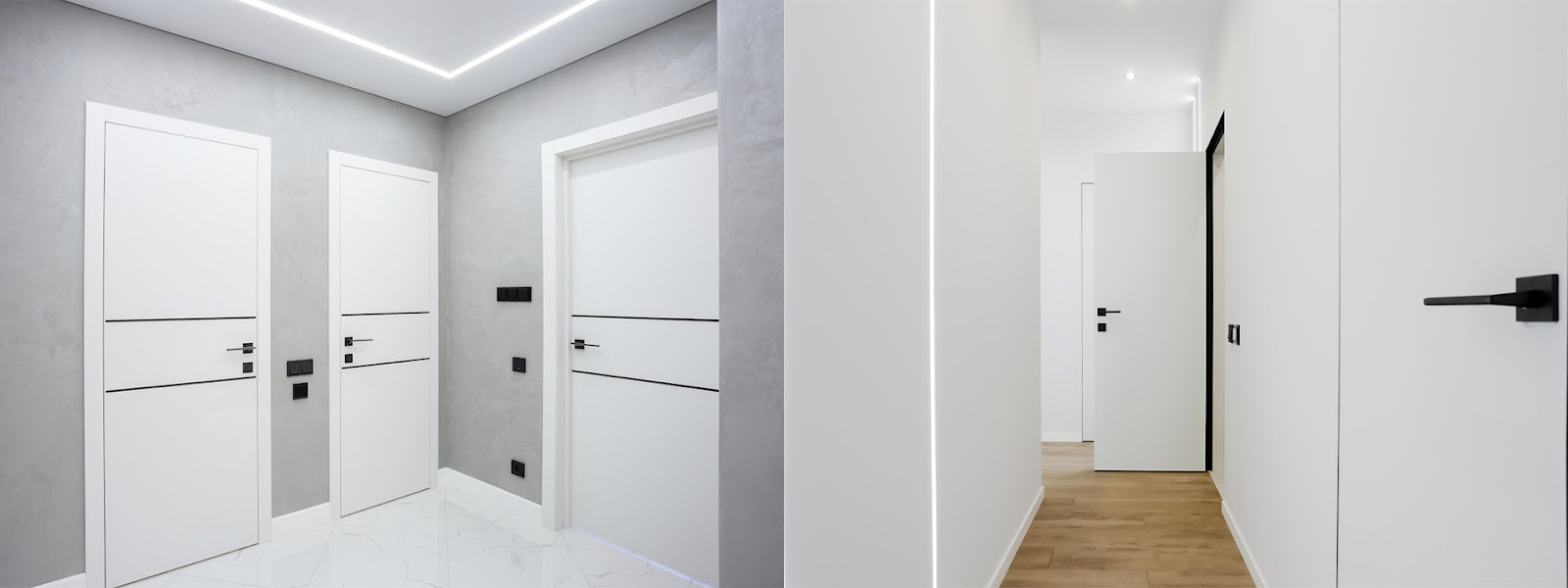 Двері до стелі Двері до стелі прихованого монтажу в сучасному інтер'єрі, пофарбовані в колір стін.