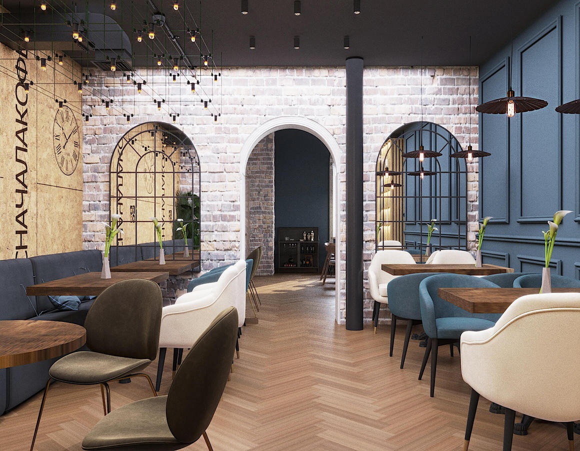 Панорамний лофт інтер'єр Сучасний дизайн кафе в стилі лофт з панорамними вікнами та мінімалістичним освітленням.