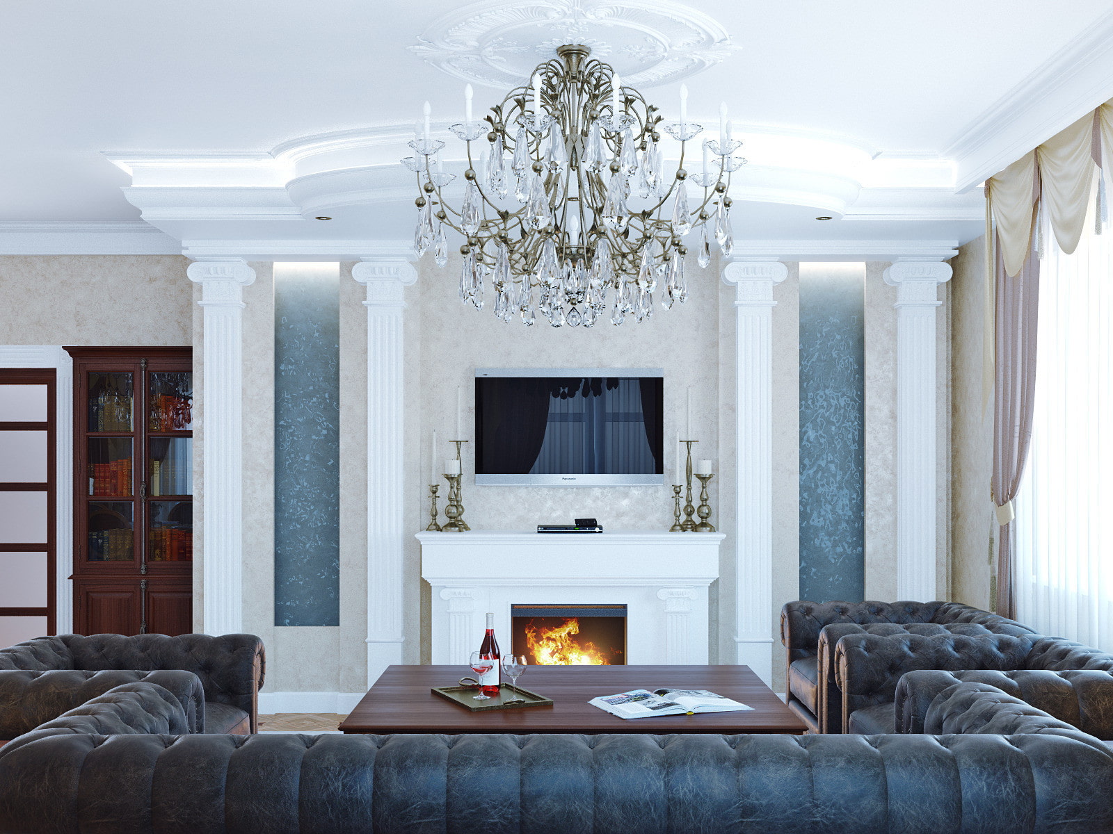 Вітальня з каміном Інтер'єр вітальні в класичному стилі з каміном та м'якими меблями