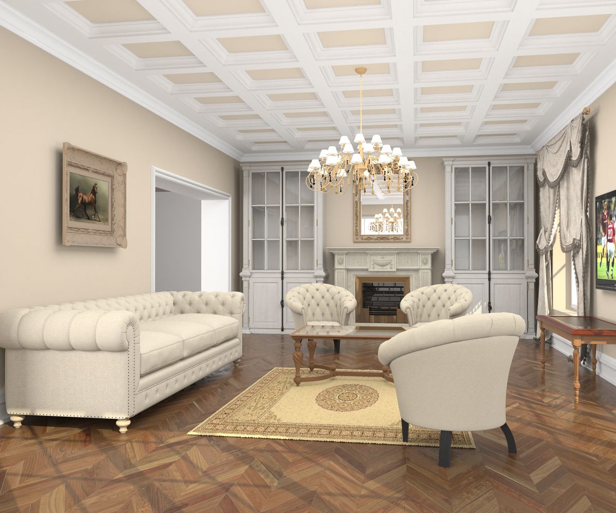 Класична кухня-вітальня: зручність і стиль Класичний дизайн кухні-вітальні з острівцем, барними стільцями і декоративними елементами