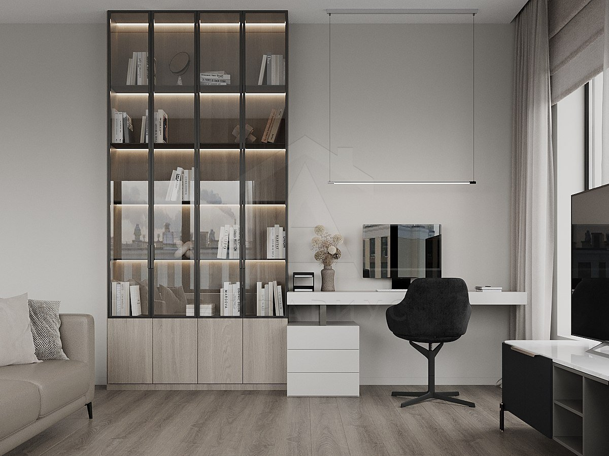 Куточок для читання Затишний куточок для читання в домашній бібліотеці з зручним диваном та освітленням.