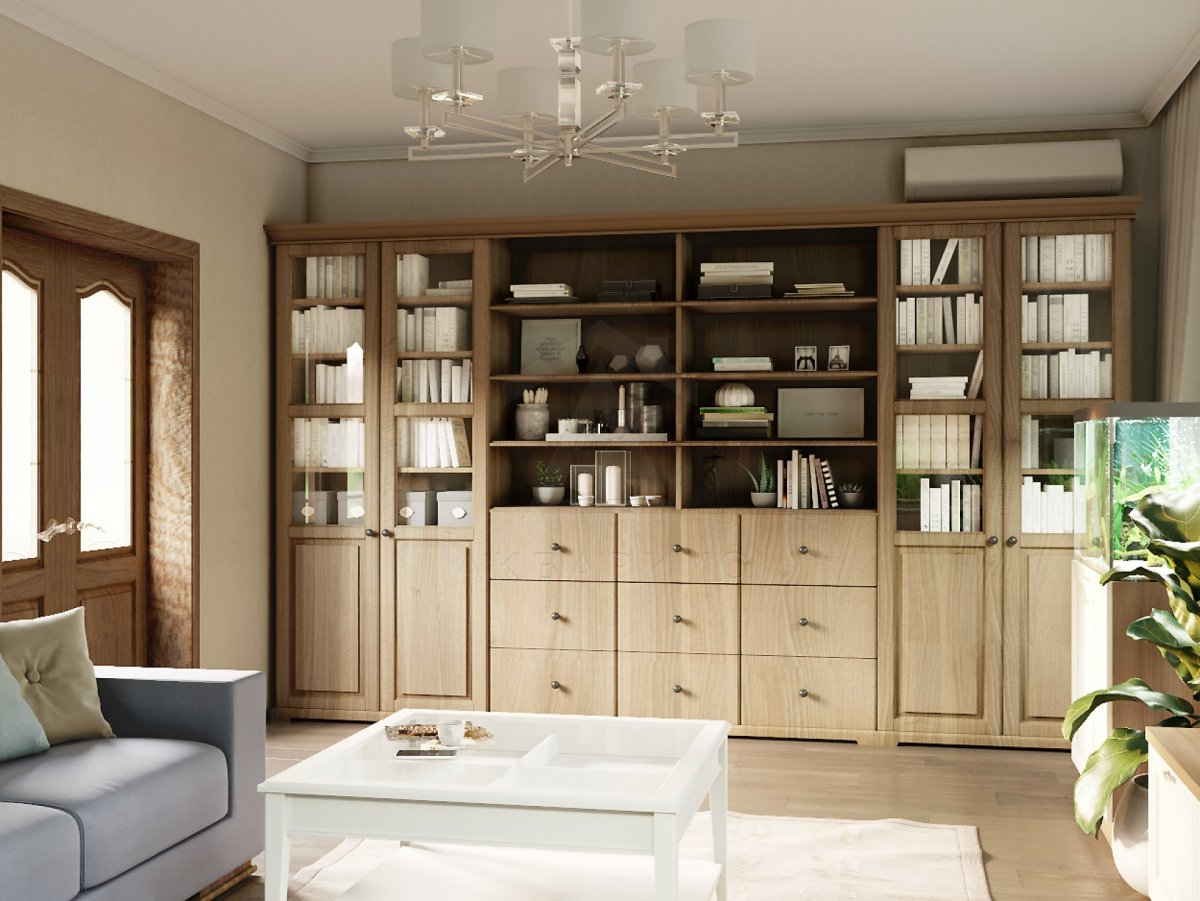 Затишок домашньої бібліотеки Затишна домашня бібліотека з книжковими полицями та зручним кріслом для читання.