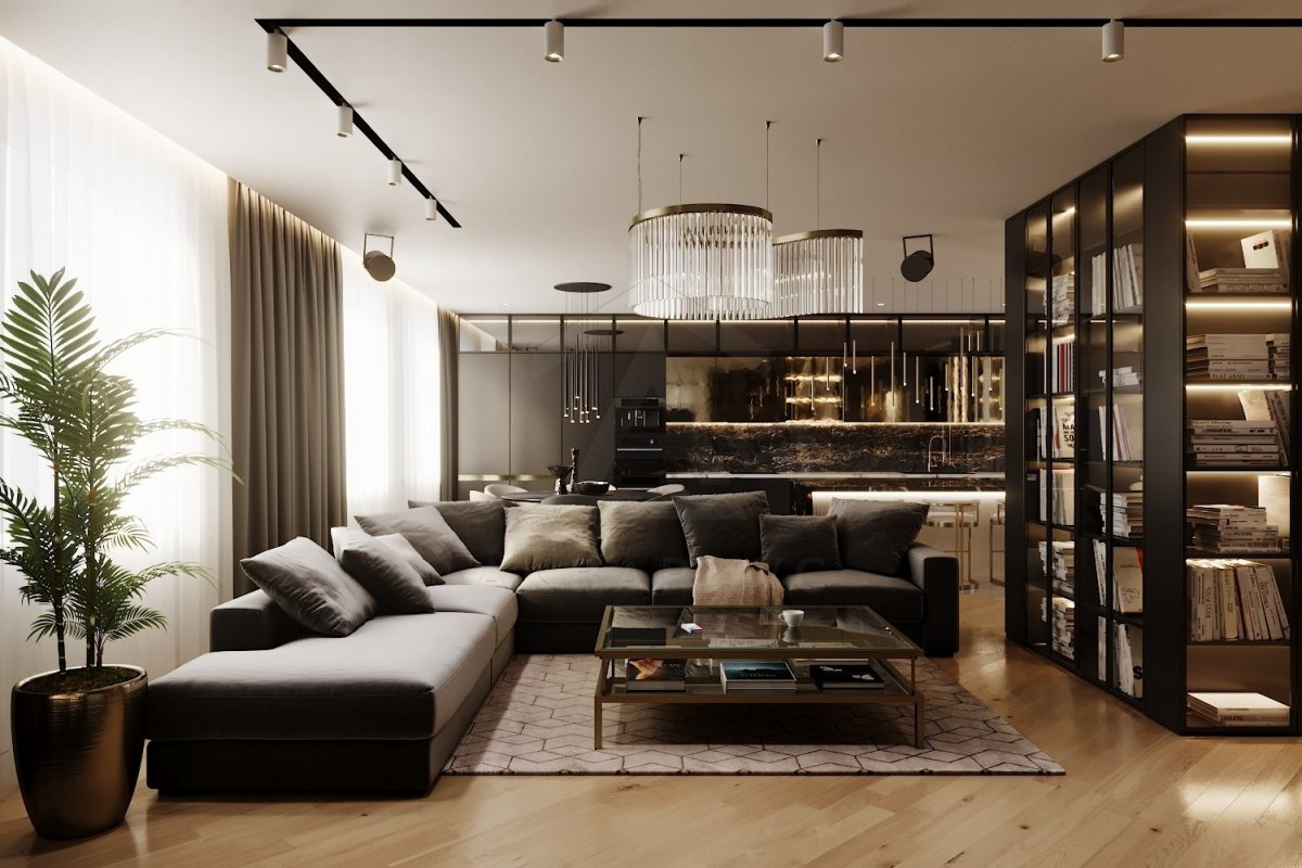 Сучасний дизайн бібліотеки Дизайн сучасної домашньої бібліотеки з акцентом на мінімалізмі та організації простору.