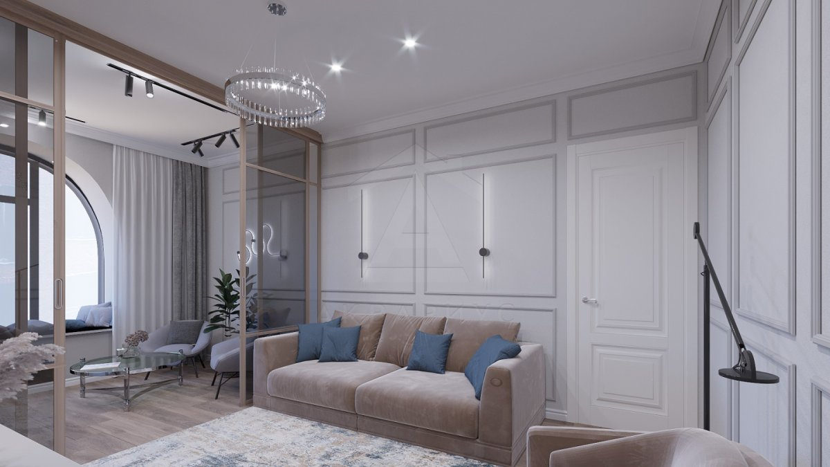 Зонування вітальні-кухні Ідеї зонування кімнати: вітальня, відокремлена від кухні за допомогою стильної перегородки.