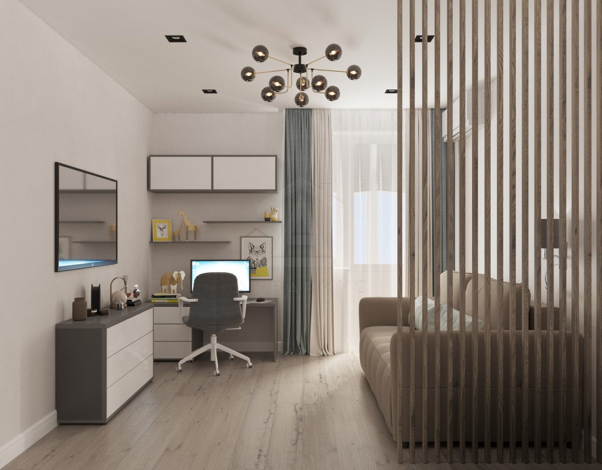 Стелаж-перегородка Приклад зонування кімнати: стелаж як роздільник між робочим та спальним місцем.