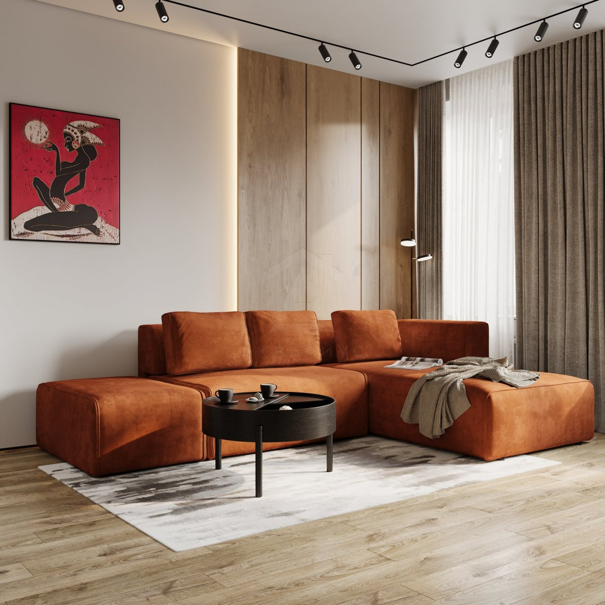 Мінімалізм 2026 Сучасний дизайн інтер'єру 2026: вітальня в мінімалістичному стилі з дерев'яними акцентами.