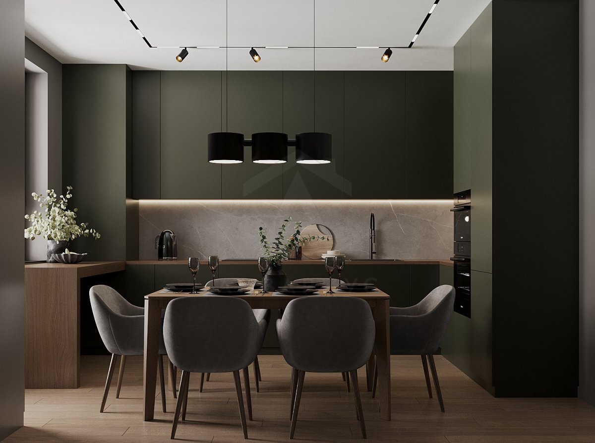 Мінімалістична їдальня Тренди дизайну 2026: їдальня в стилі мінімалізм з дерев'яним столом та стільцями.