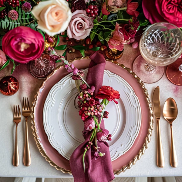 Святкове сервірування столу Елегантне сервірування новорічного столу 2026 з червоними та зеленими акцентами.