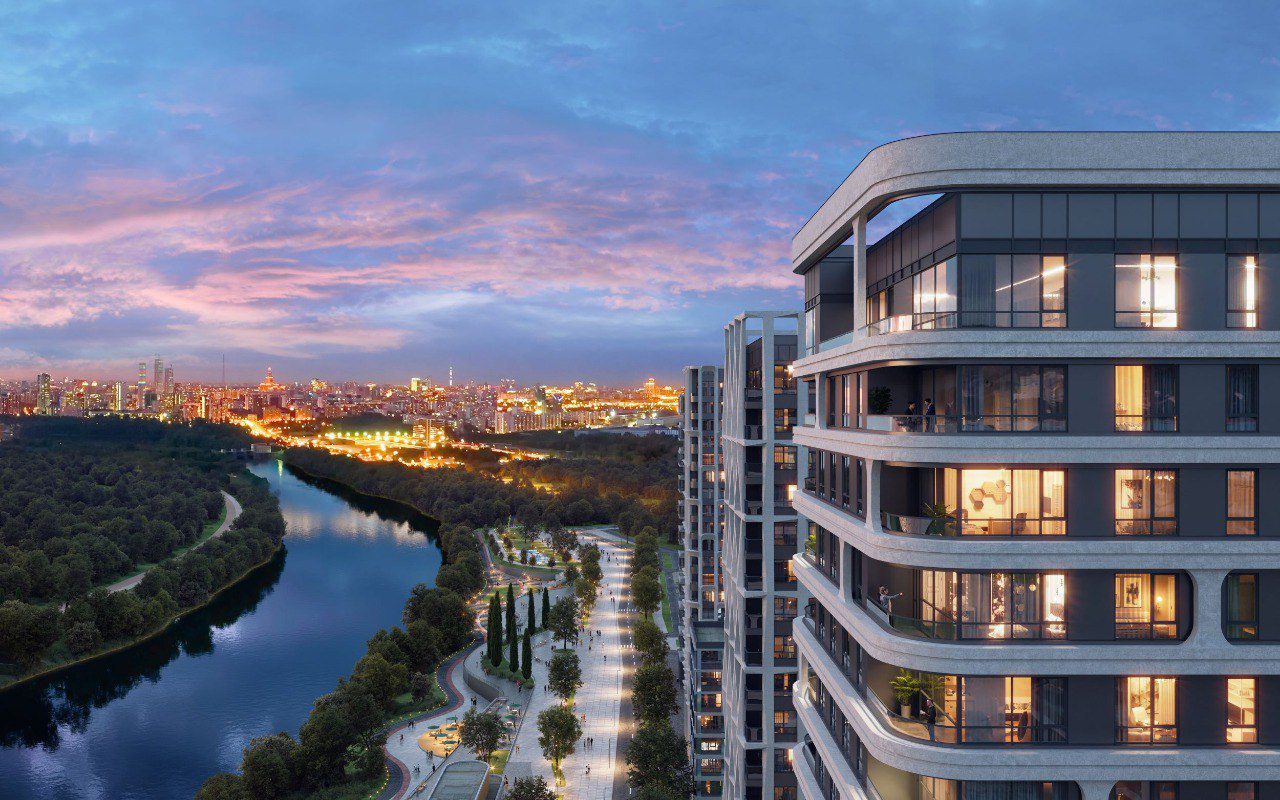 Панорамний краєвид Еко-місто 2026: квартира з краєвидом на річку, сучасна архітектура та зручна набережна.