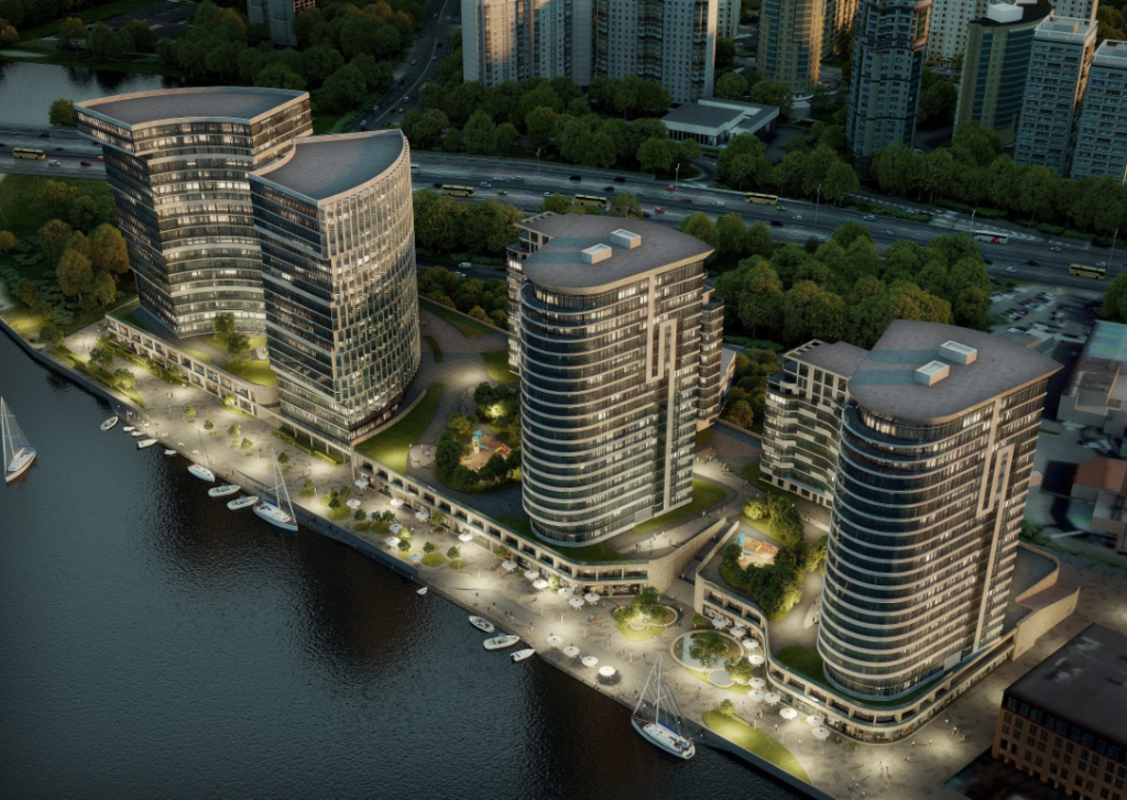 Житло біля води Київ 2026: сучасний житловий комплекс біля води з панорамним склінням та набережною.