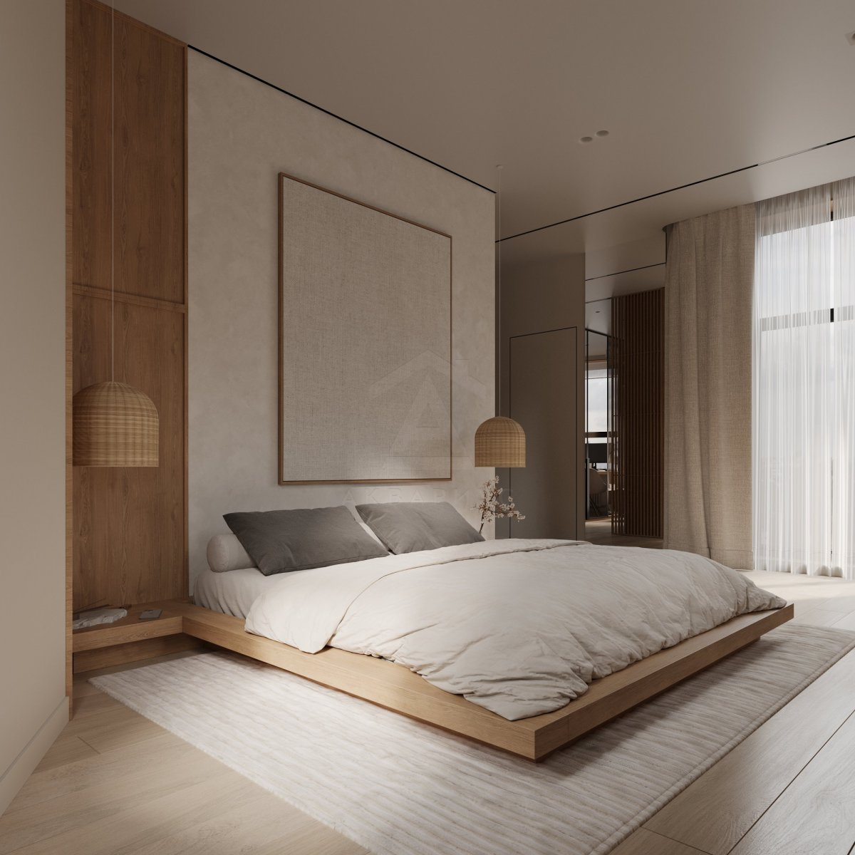 Сучасна кухня-вітальня 3D 3D-візуалізація кухні-вітальні з дерев'яними акцентами та сучасним освітленням.