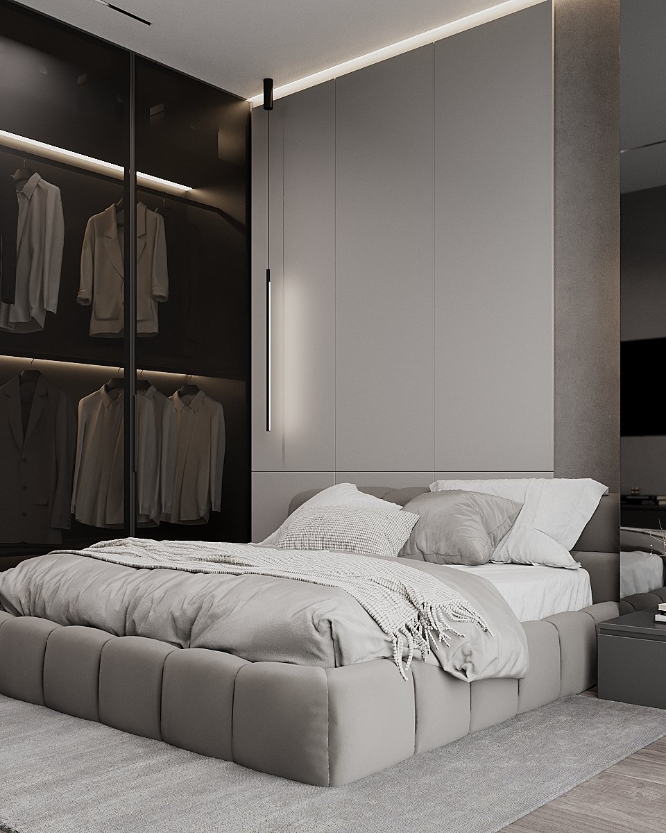 Затишна 3D спальня 3D-візуалізація інтер'єру спальні з великим ліжком та приліжковими тумбочками.