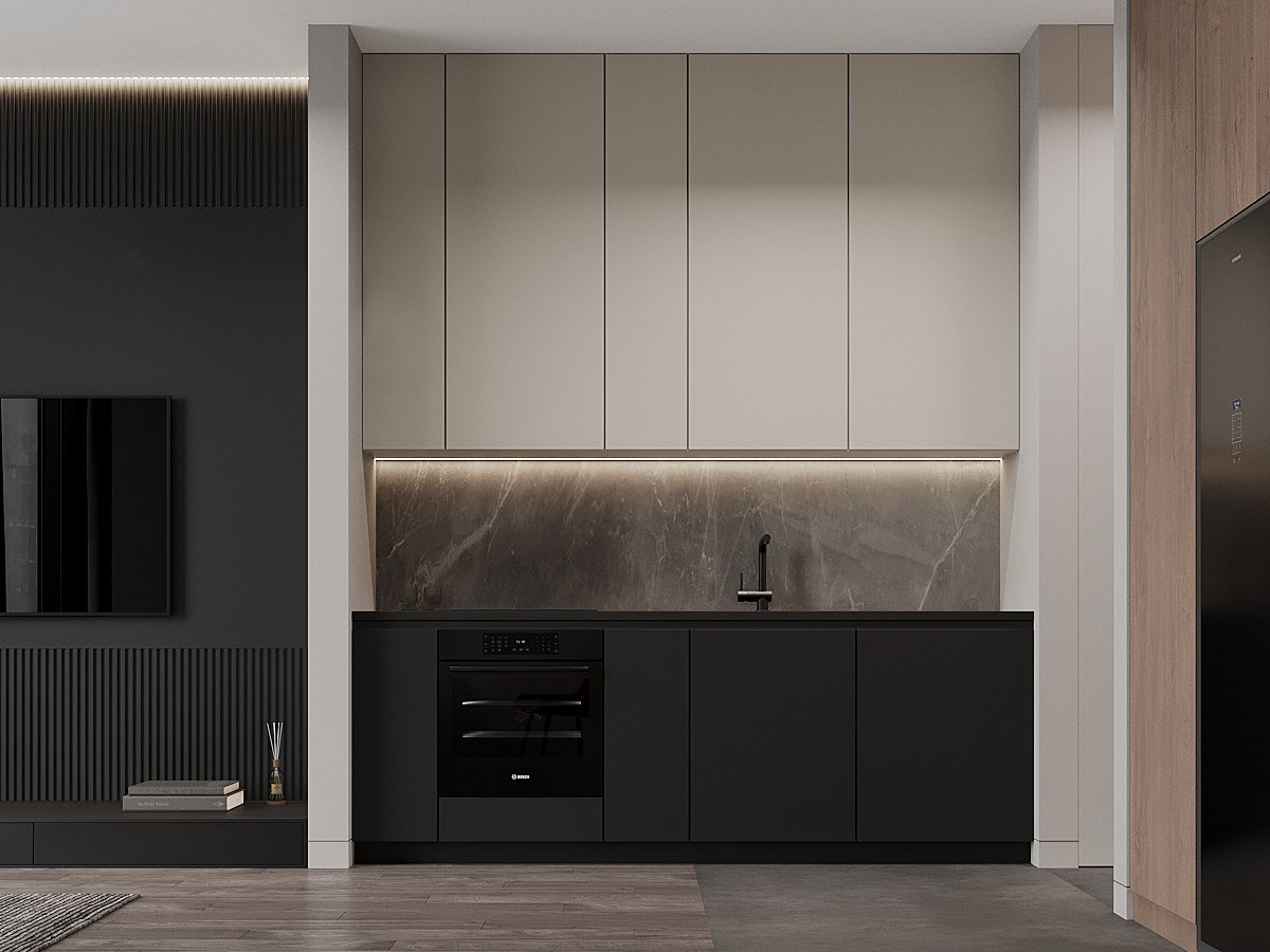 Кухня з барною стійкою Реалістична 3D-візуалізація сучасної кухні з барною стійкою та стильною побутовою технікою.