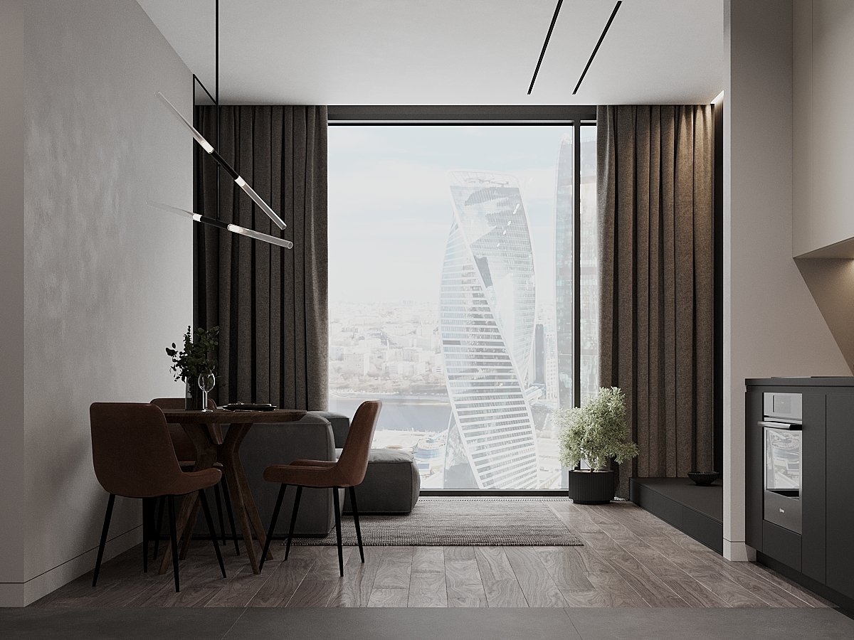 Мінімалістична 3D спальня 3D-візуалізація спальні з панорамними вікнами та мінімалістичним дизайном інтер'єру.