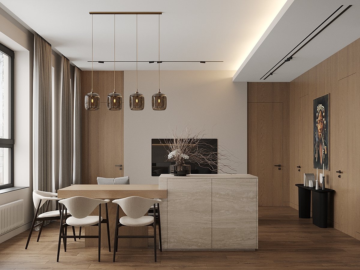 Мінімалізм в інтер'єрі Візуалізація сучасного інтер'єру квартири з елементами мінімалізму та натуральних матеріалів